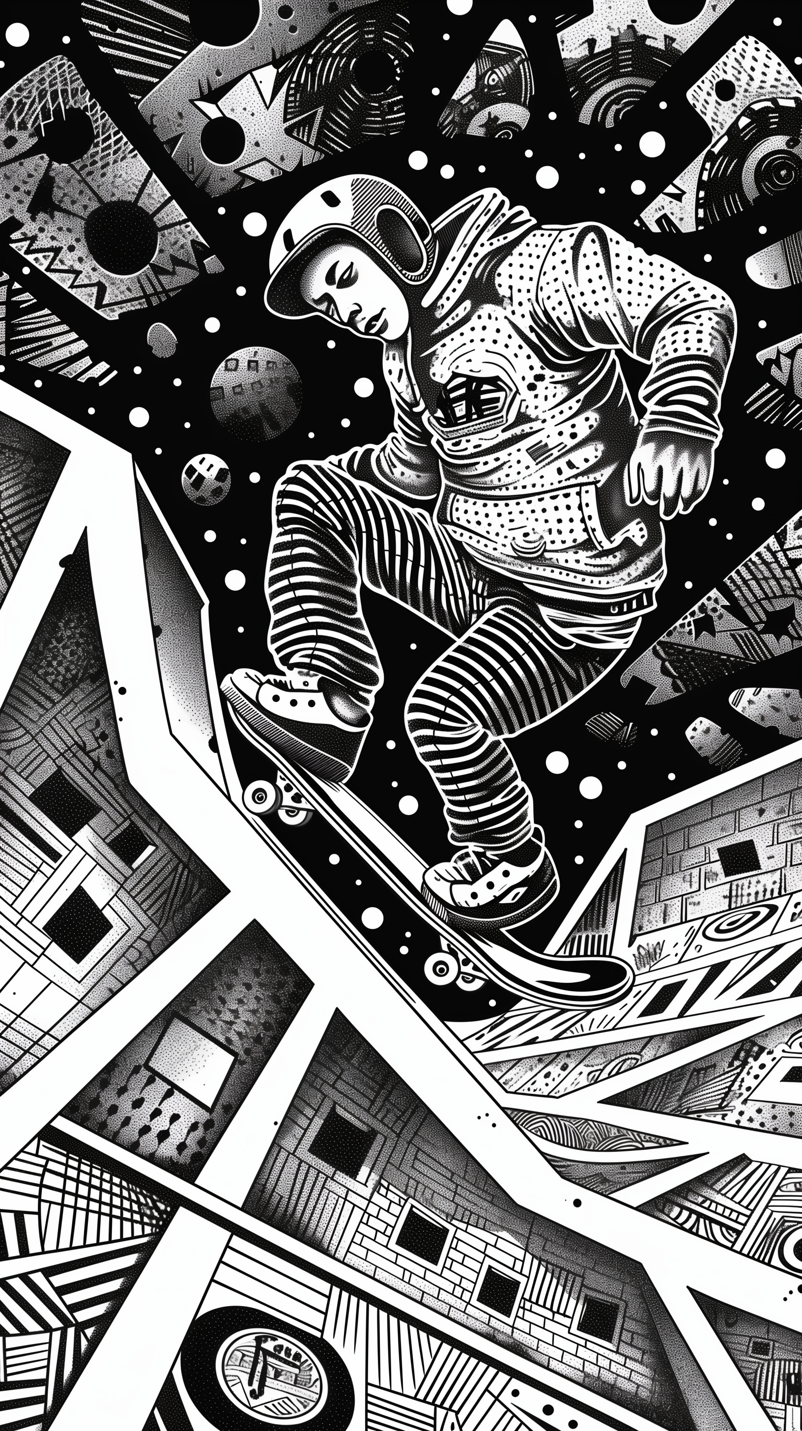 Monochrome phone wallpaper featuring an illustrated skateboarder performing a trick amidst abstract geometric shapes representing a skate park.