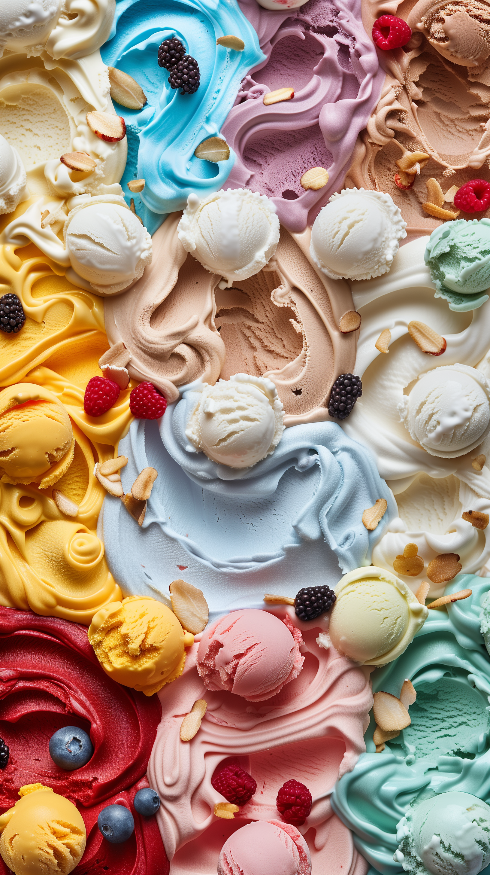 A vibrant collection of frozen yogurt and gelato in various flavors, featuring scoops of blueberry, raspberry, and blackberry, creating a colorful and appetizing phone wallpaper.