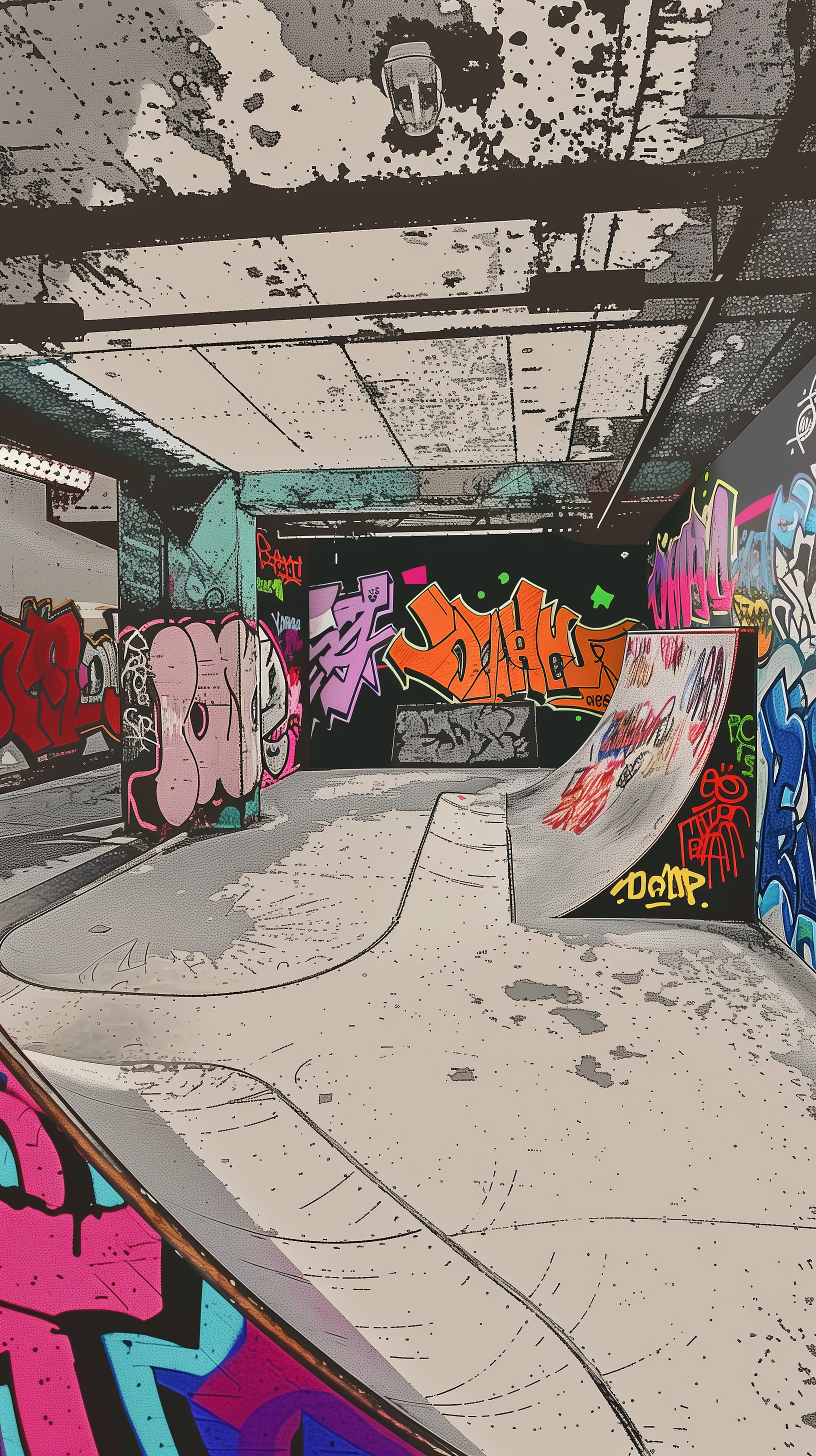 Phone wallpaper depicting a colorful graffiti-covered skate park with ramps.