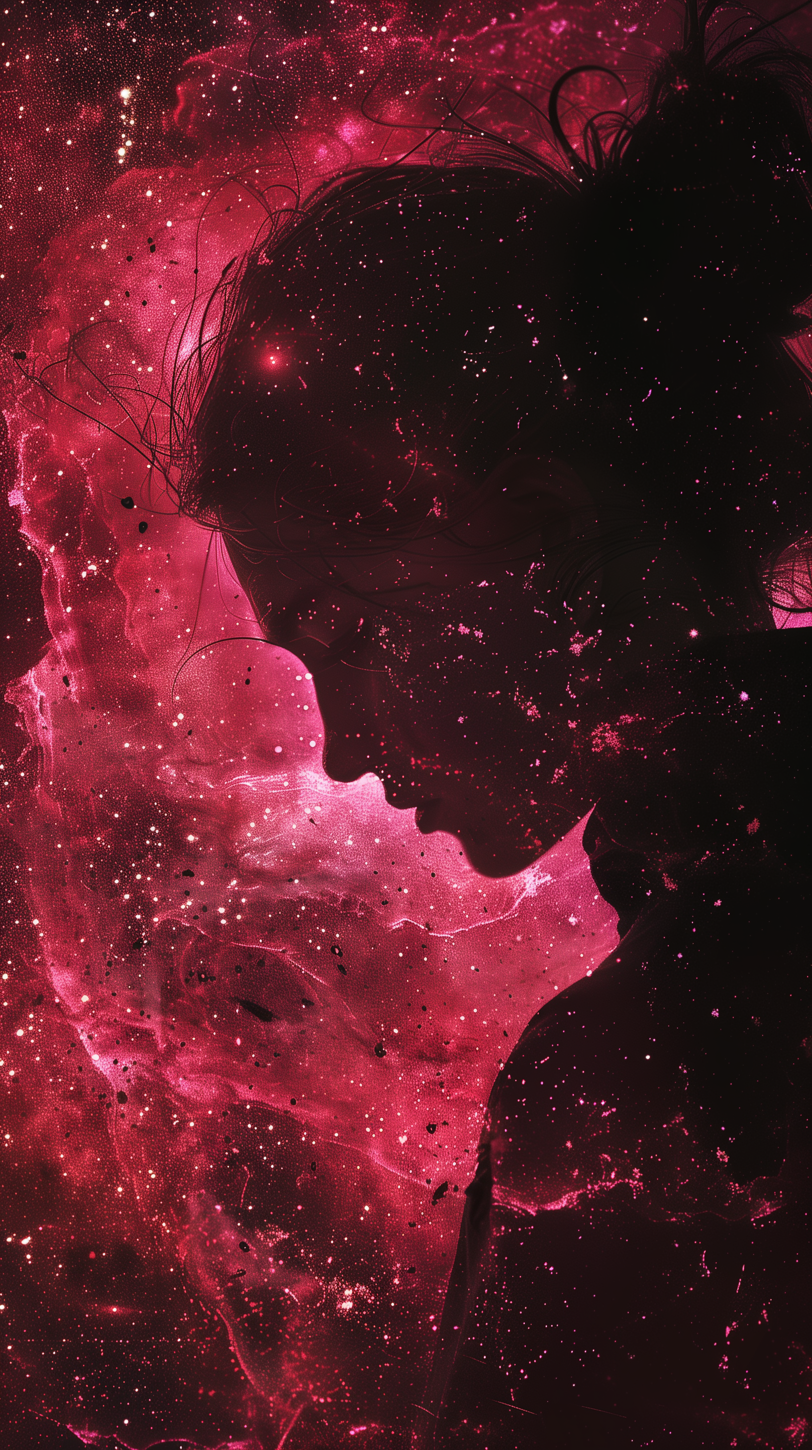 A melancholic phone wallpaper depicting a silhouetted profile of a person against a dark red, heartbroken-themed abstract background.