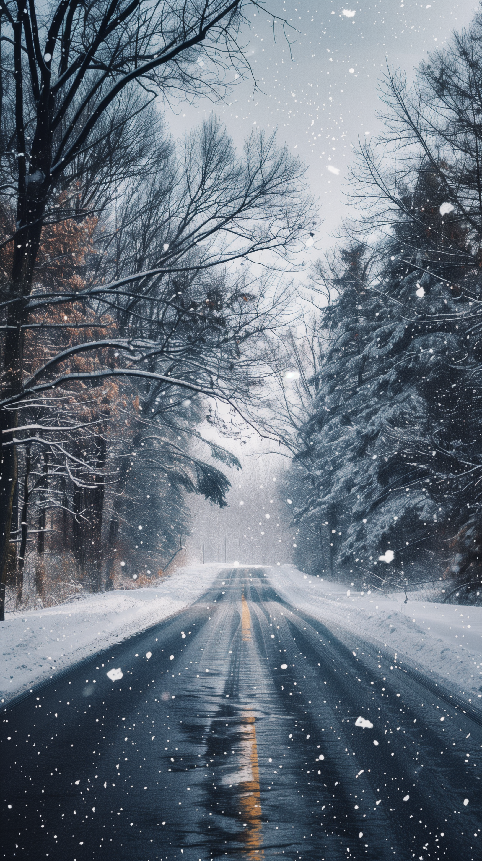 Phone wallpaper featuring a snowy road with tire tracks stretching ahead, flanked by snow-covered trees under a tranquil snowfall.