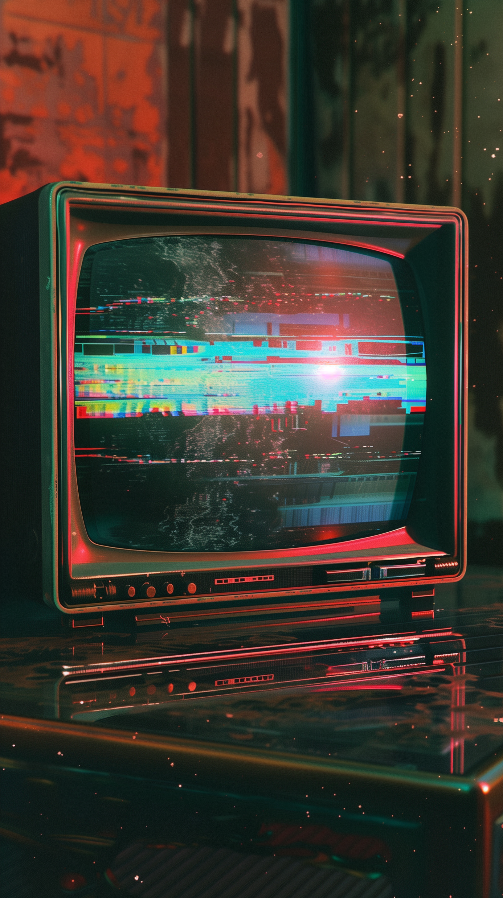 A phone wallpaper featuring a retro CRT TV displaying colorful glitch effects, placed on a reflective surface with a moody, dimly lit background.
