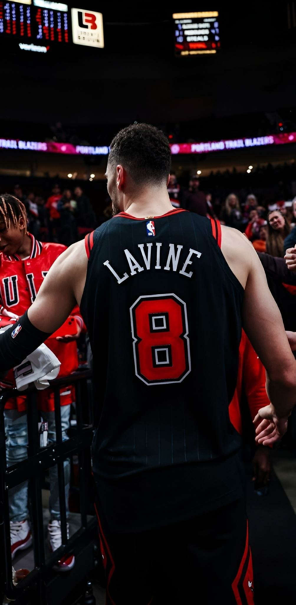 Phone wallpaper featuring the back of a Chicago Bulls player, presumably Zach LaVine, with the number 8 on the jersey, as he walks courtside with fans in the background.