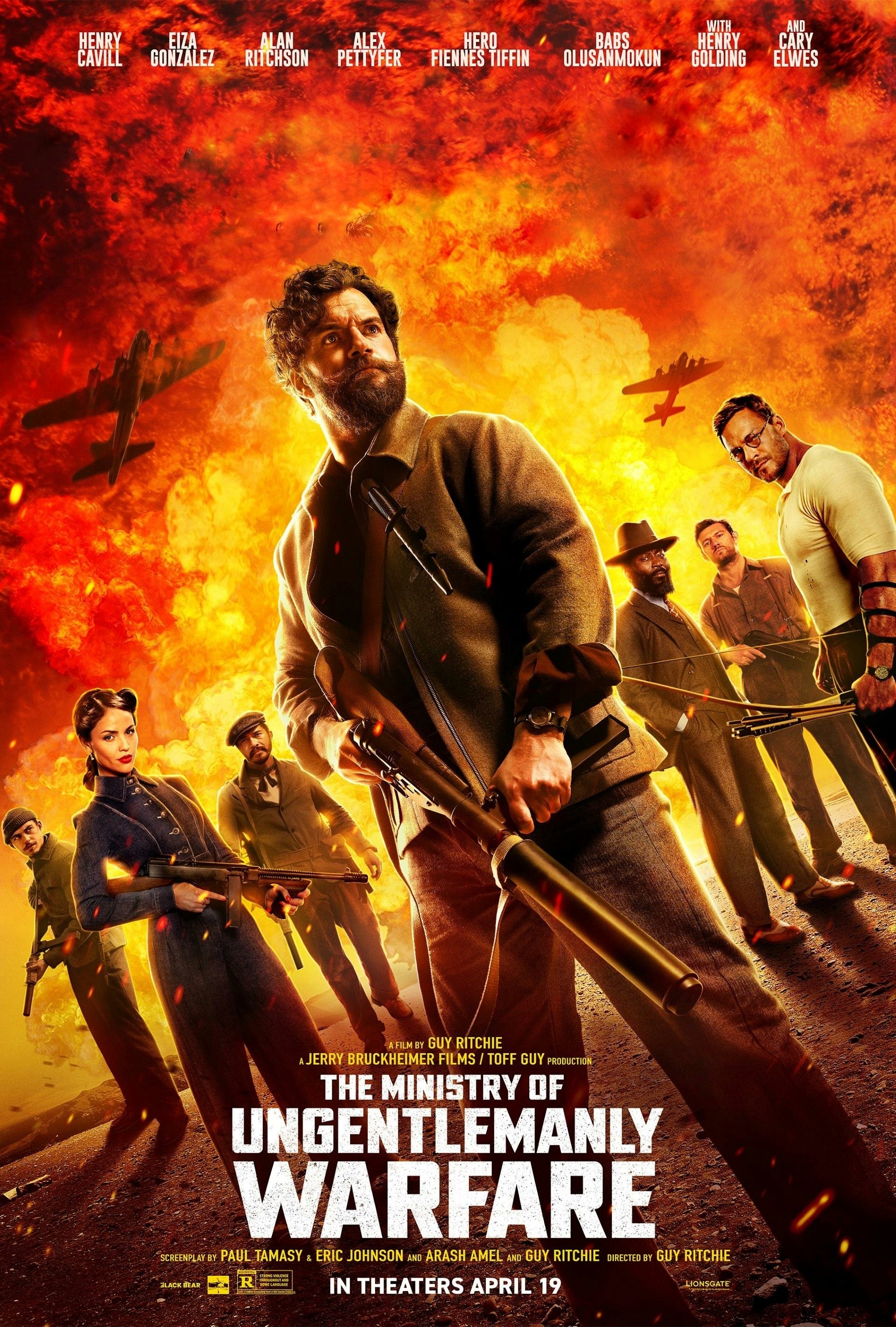 Phone wallpaper for the movie The Ministry of Ungentlemanly Warfare featuring a group of characters in action poses with an explosive backdrop.