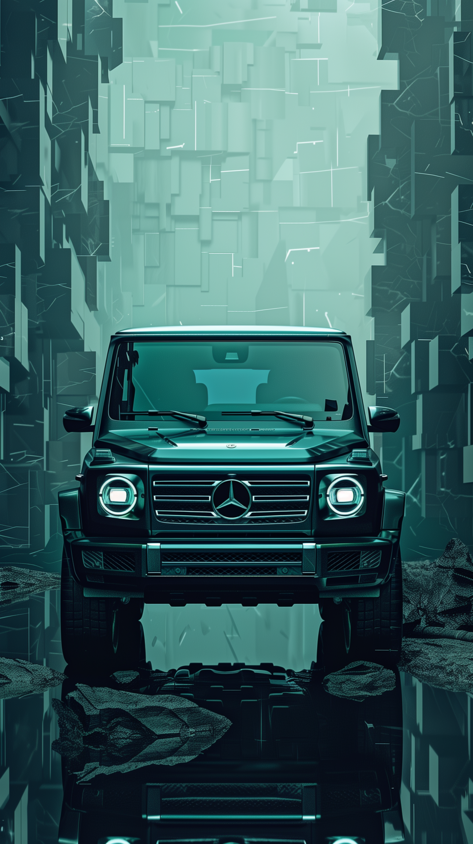 A digital artwork of a Mercedes-Benz G-Class in teal and blue tones with an abstract geometric background, designed as a phone wallpaper.
