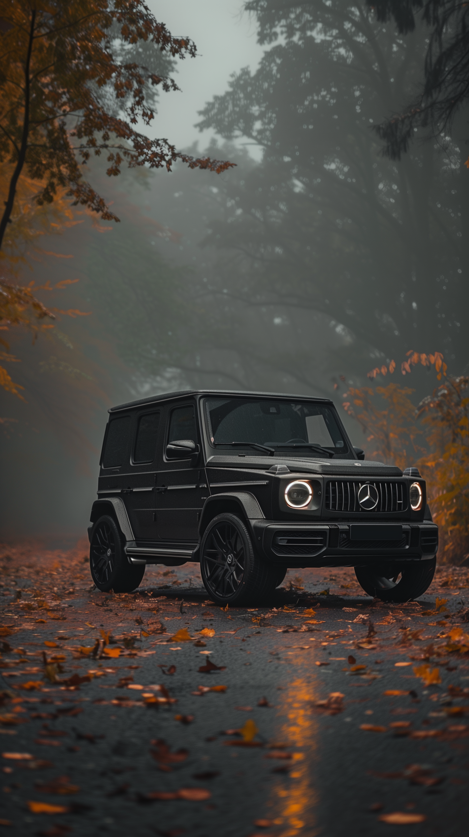 A wallpaper featuring a black Mercedes-Benz G-Class on a misty forest road covered with autumn leaves.