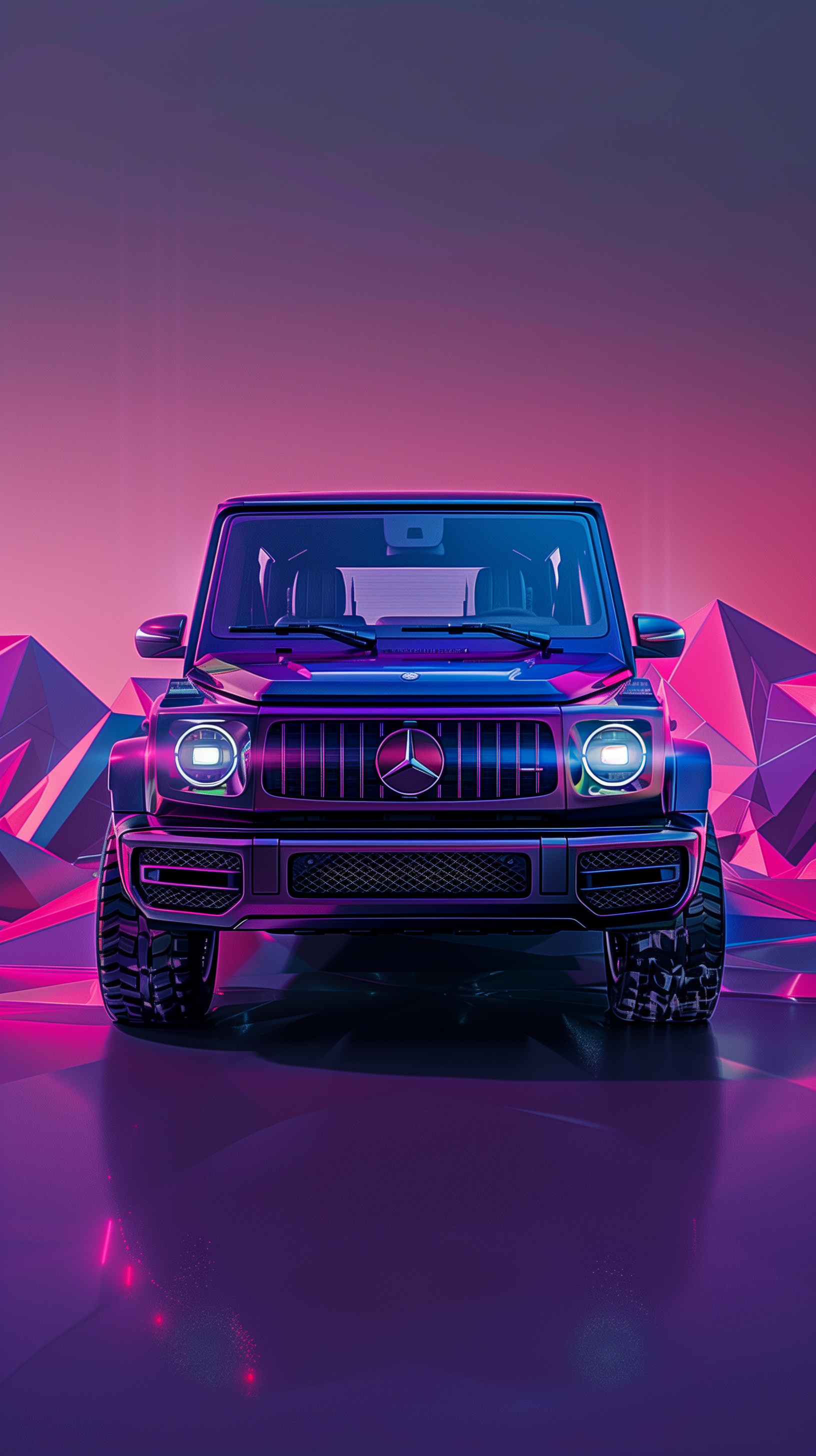 A vividly lit, Mercedes-Benz G-Class SUV centered in a stylized phone wallpaper, featuring a neon purple and pink geometric background.