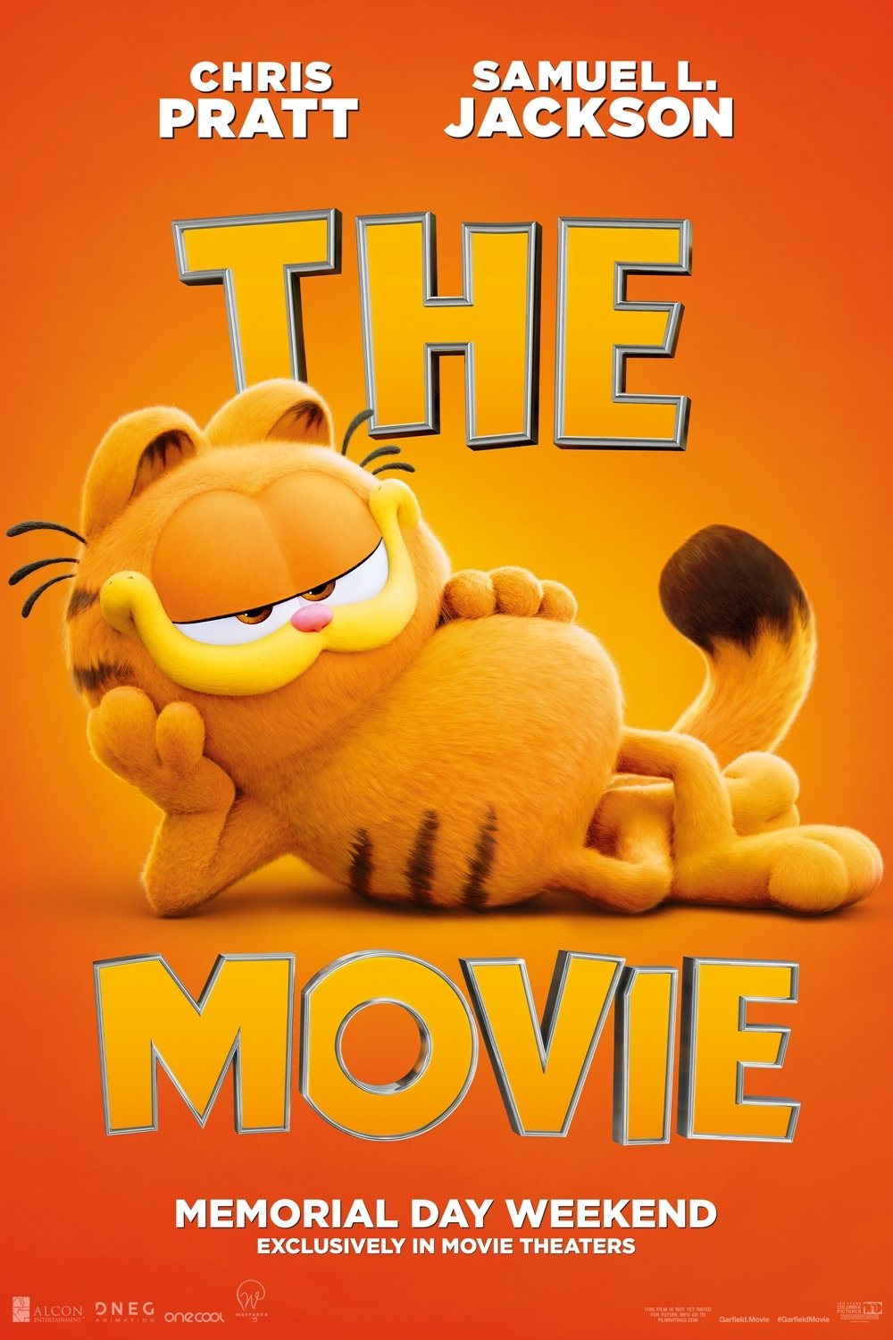 Phone wallpaper of The Garfield Movie featuring a stylized Garfield reclining, with the text Chris Pratt, Samuel L. Jackson above and Memorial Day Weekend below. The overall color scheme is bright orange.