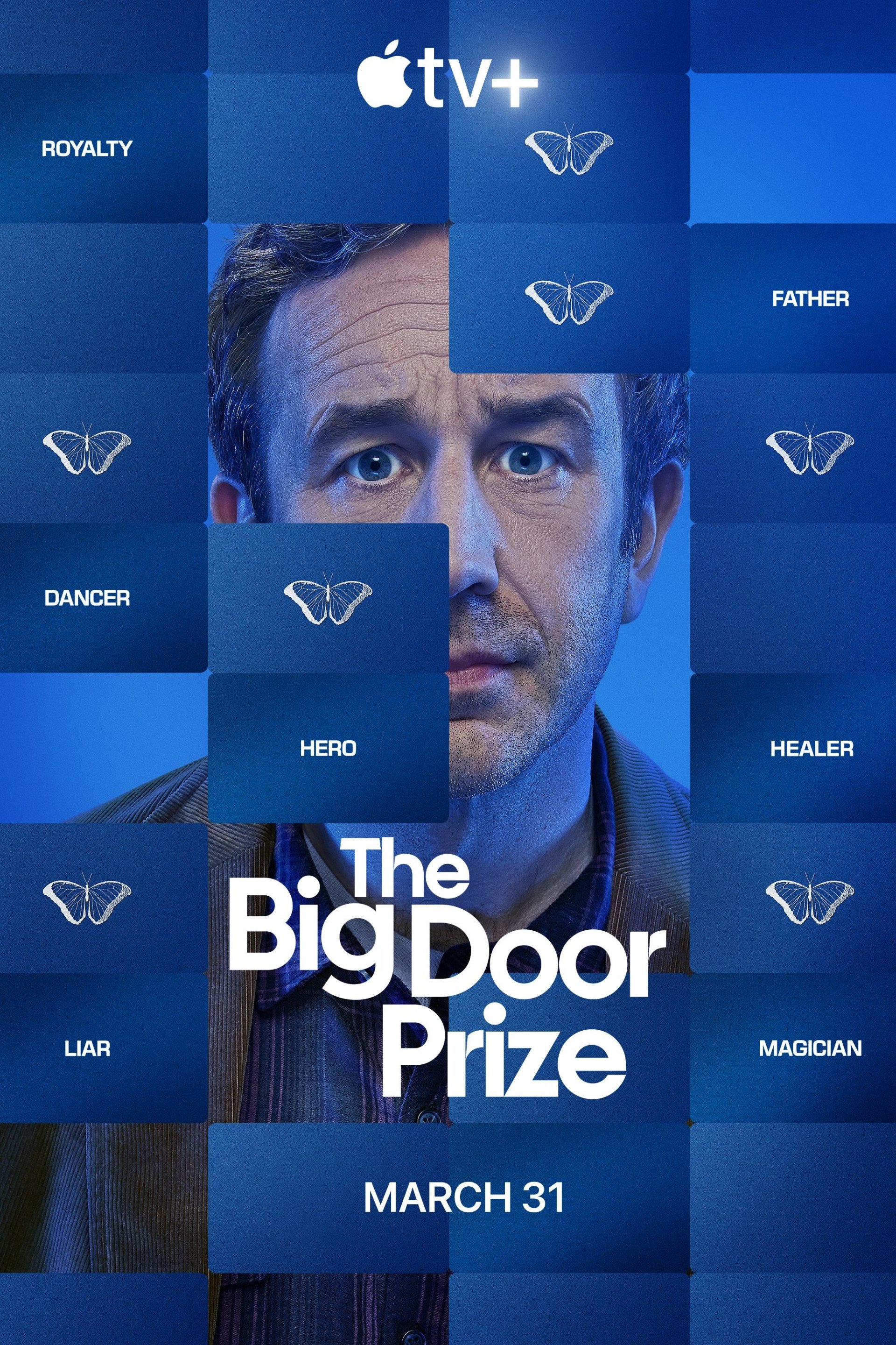 Phone wallpaper featuring a promotional image for the TV show The Big Door Prize on Apple TV+, showing a portrait of a man with overlaid icons, available starting March 31.