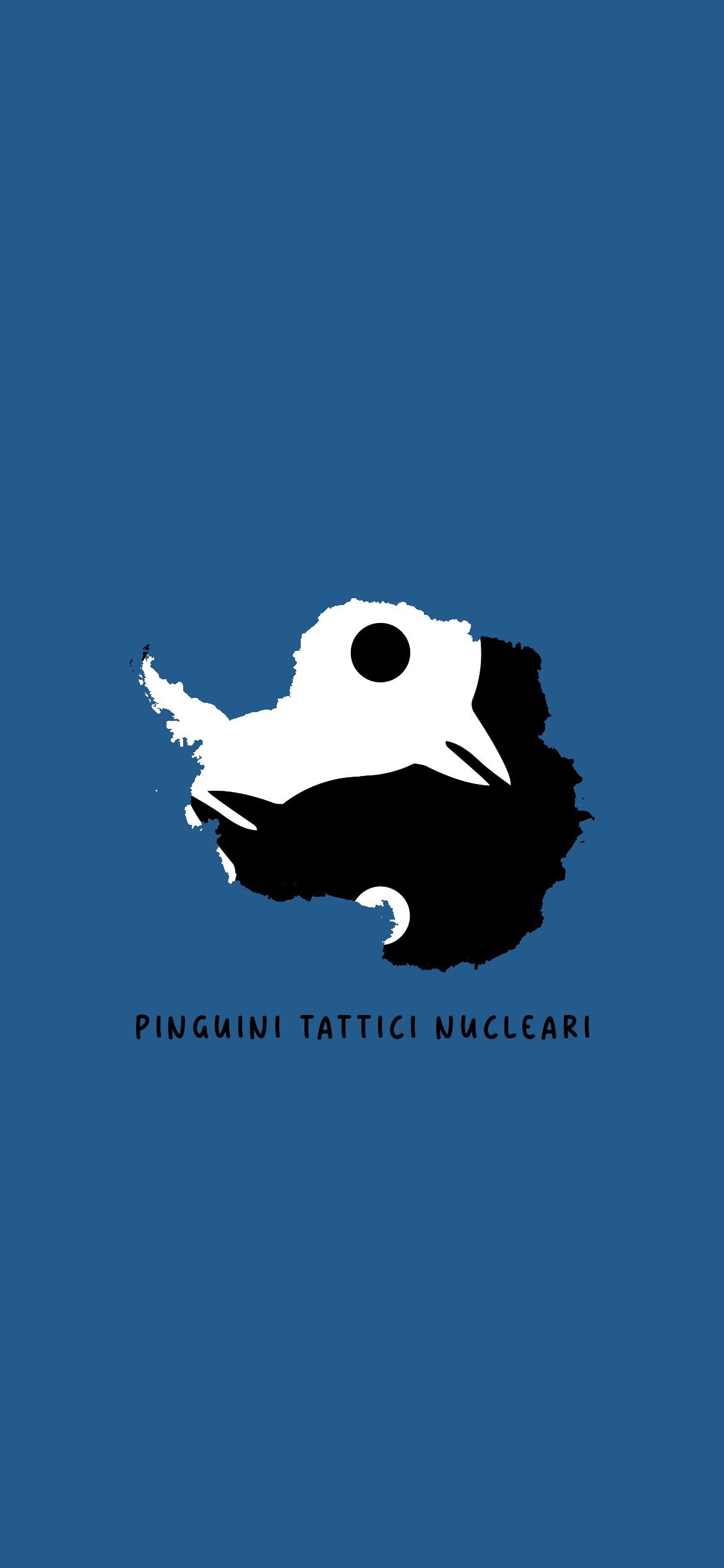 Phone wallpaper featuring a minimalist black and white penguin illustration on a blue background with the text Pinguini Tattici Nucleari, compatible with iPhones and Android devices.