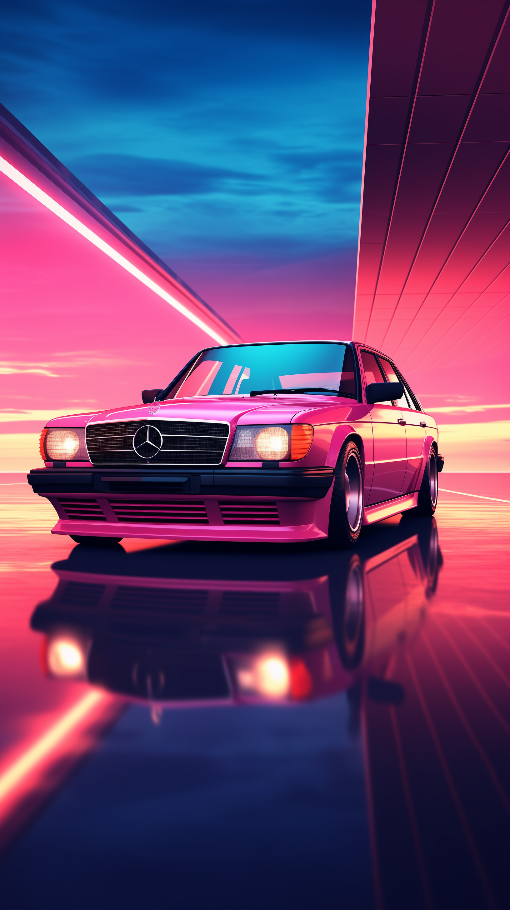 Retro Mercedes-Benz car with glowing neon lights and a vibrant pink and blue sky, designed as a sleek phone wallpaper for iPhones and Android devices.