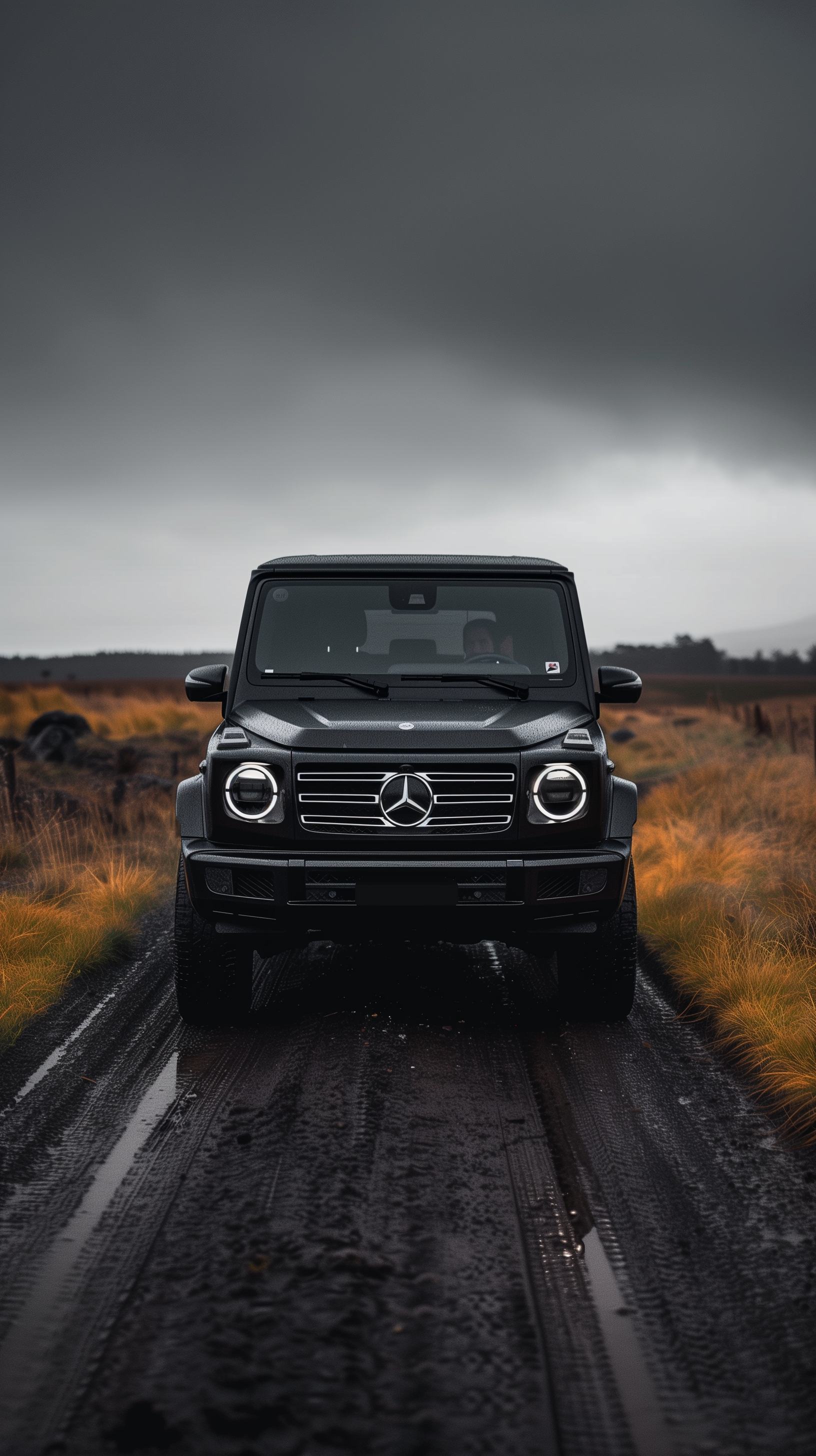 Wallpaper of a Mercedes-Benz G-Class vehicle on a muddy road under a cloudy sky.