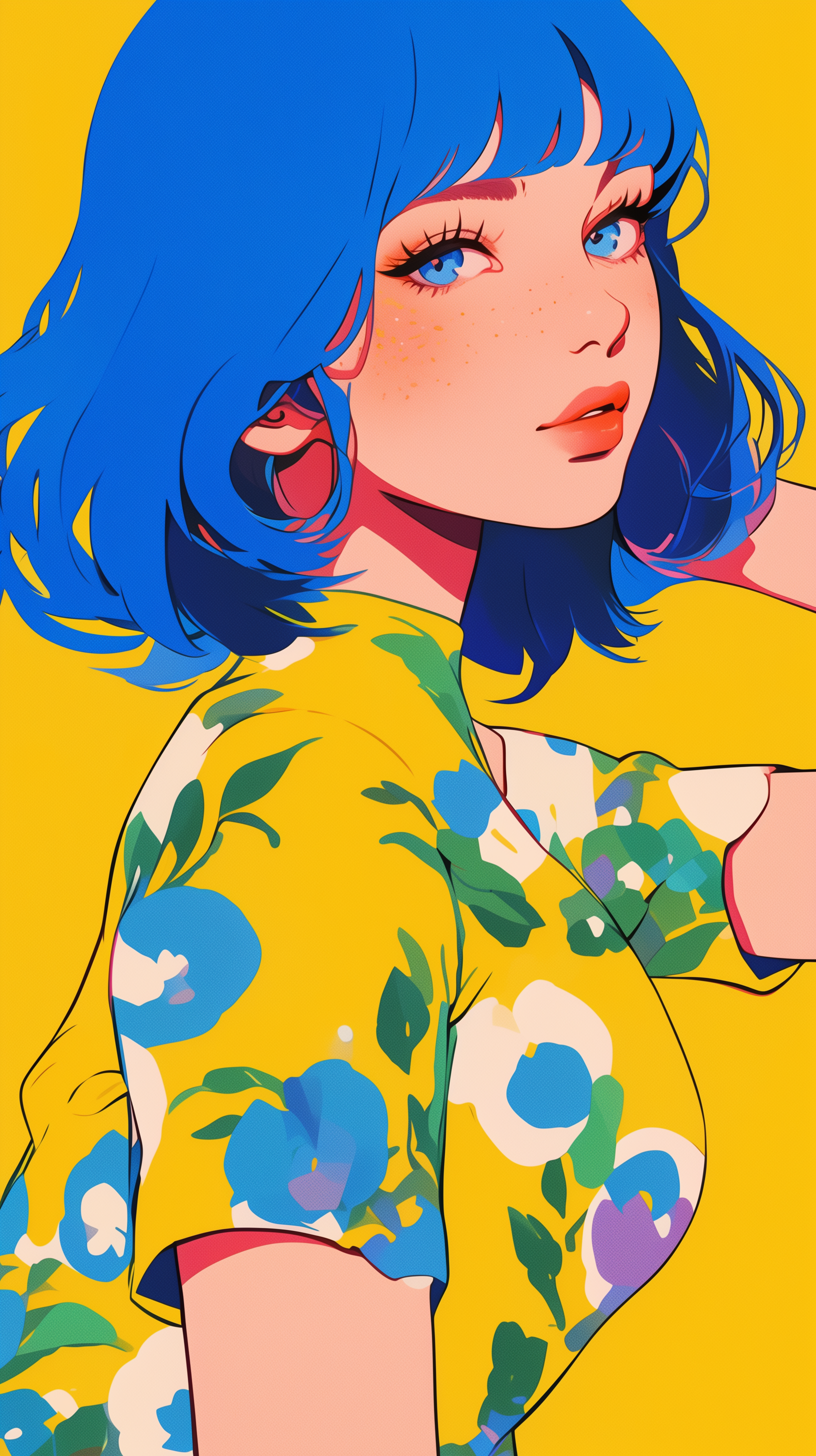 Digital art portrait of a woman with vibrant blue hair and freckles, wearing a floral yellow top, designed as a phone wallpaper for iPhones and Android devices.