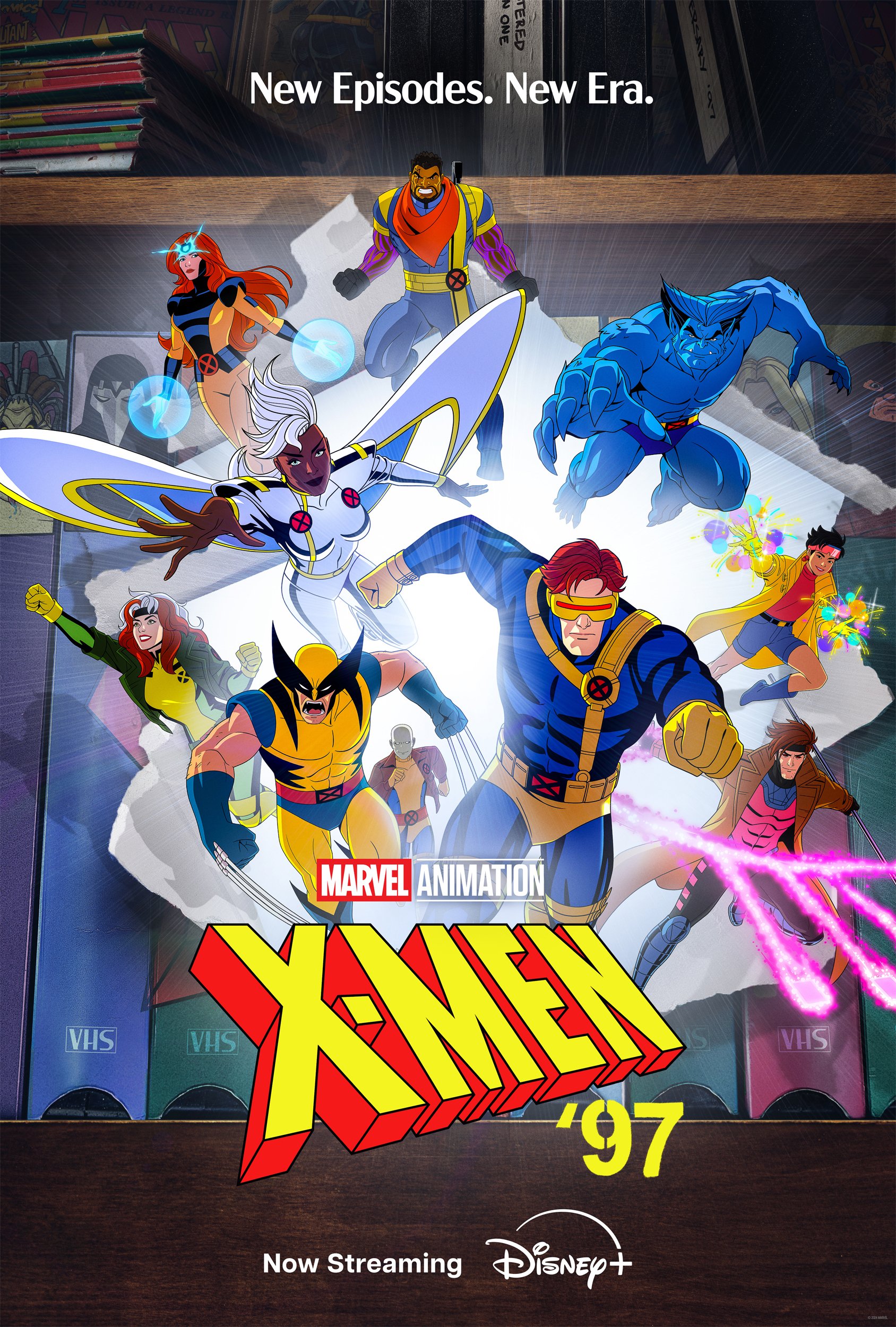 Phone wallpaper featuring Marvel Animation's 'X-Men '97' with dynamic, colorful artwork of various X-Men characters in action, promoting the new episodes now streaming on Disney+.
