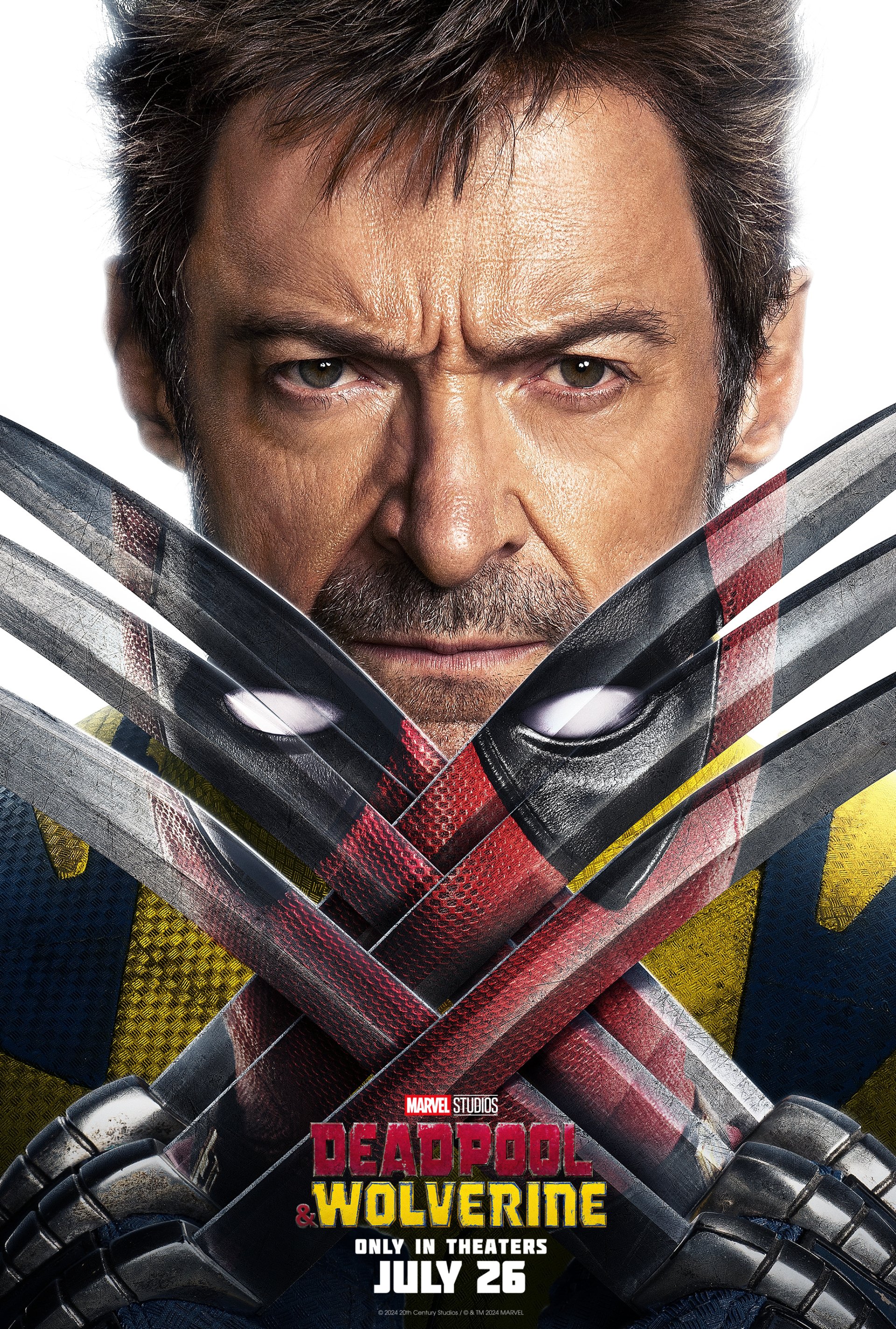 Phone wallpaper featuring a promotional poster for a movie with Deadpool and Wolverine, showcasing bold and intense close-ups of the characters ready for action.