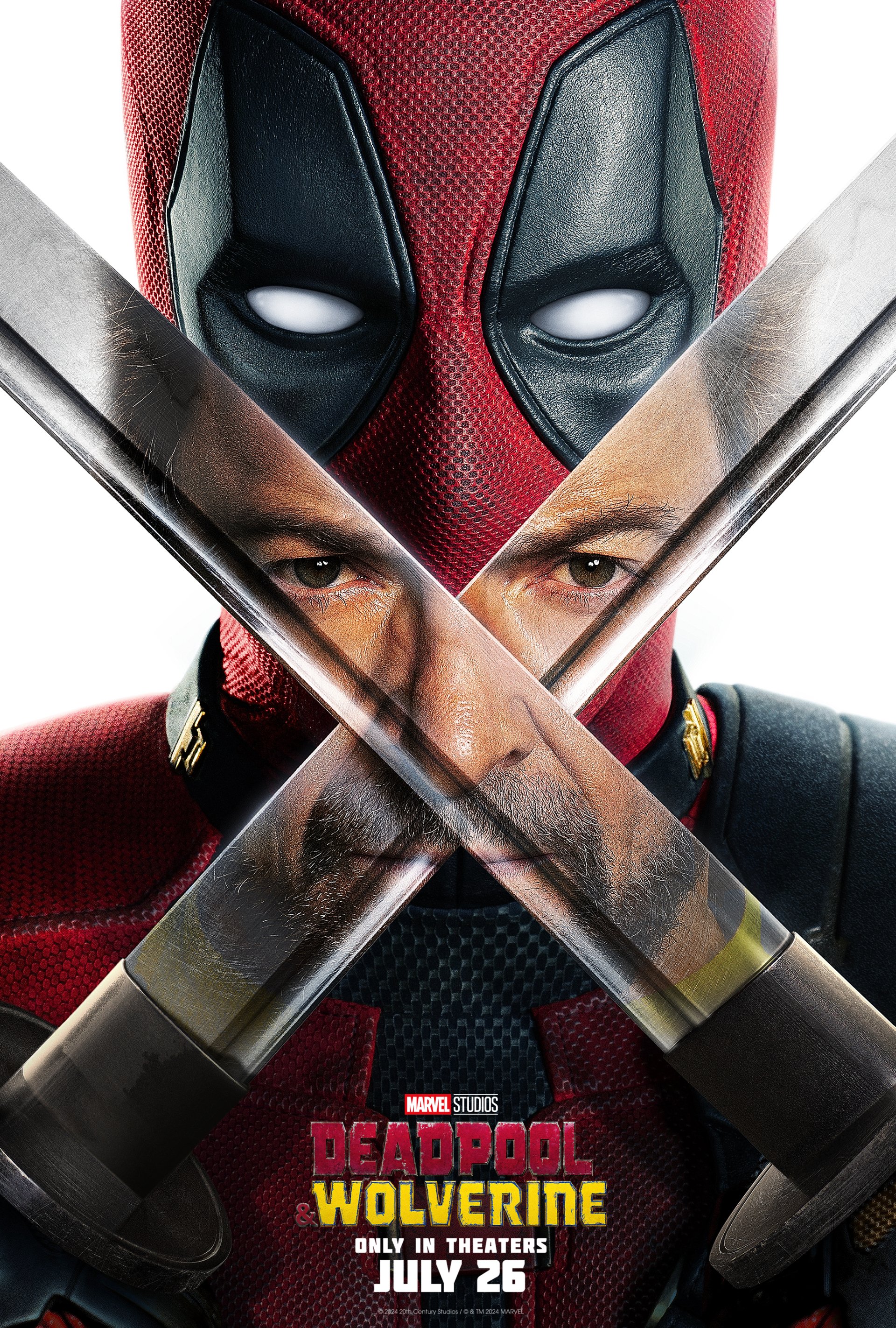 Phone wallpaper featuring overlapping images of Deadpool and Wolverine from a movie poster with a premiere date of July 26.