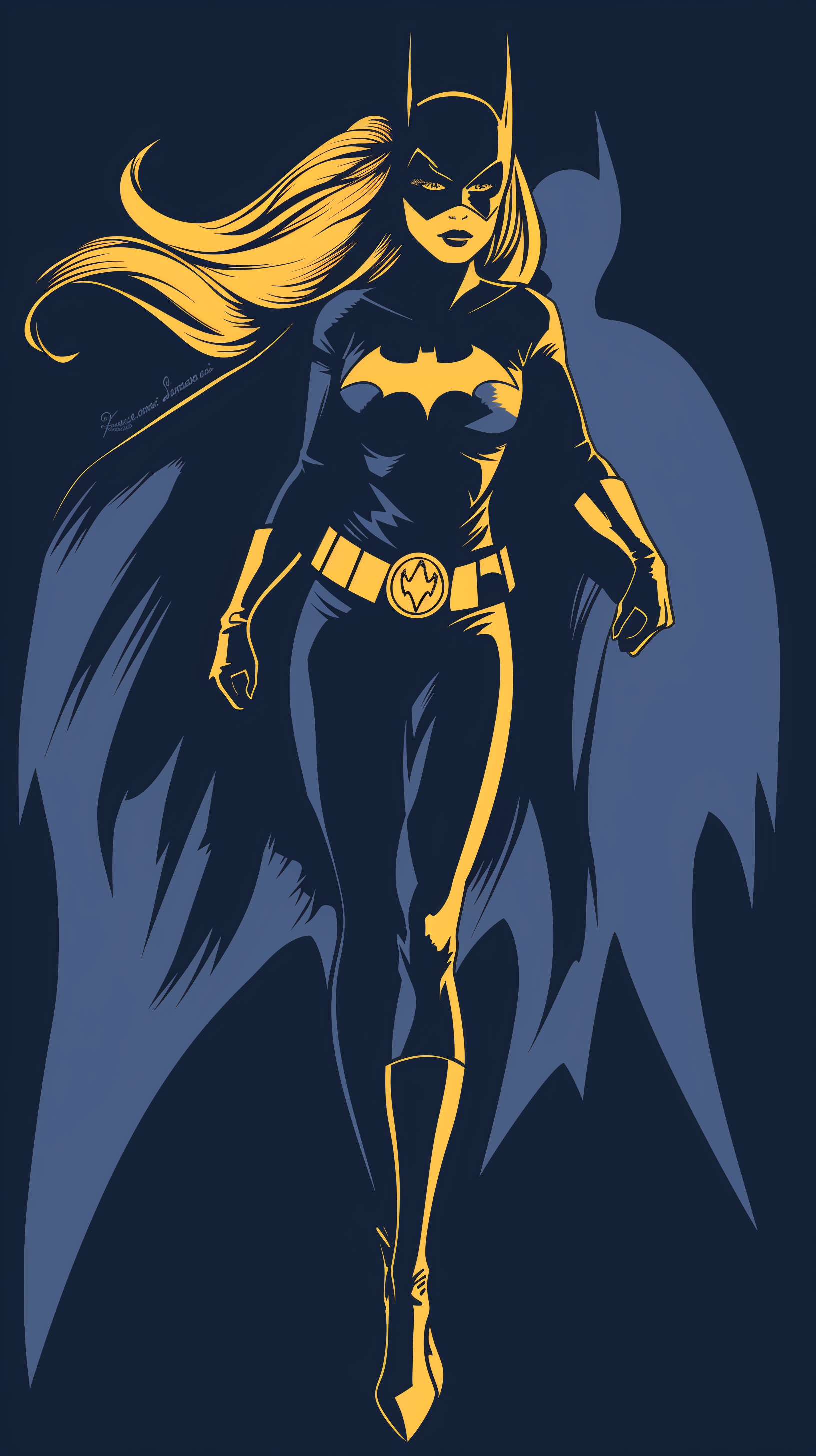Graphic phone wallpaper featuring Batgirl in a dynamic pose with her cape flowing, rendered in bold yellow and dark blue colors.