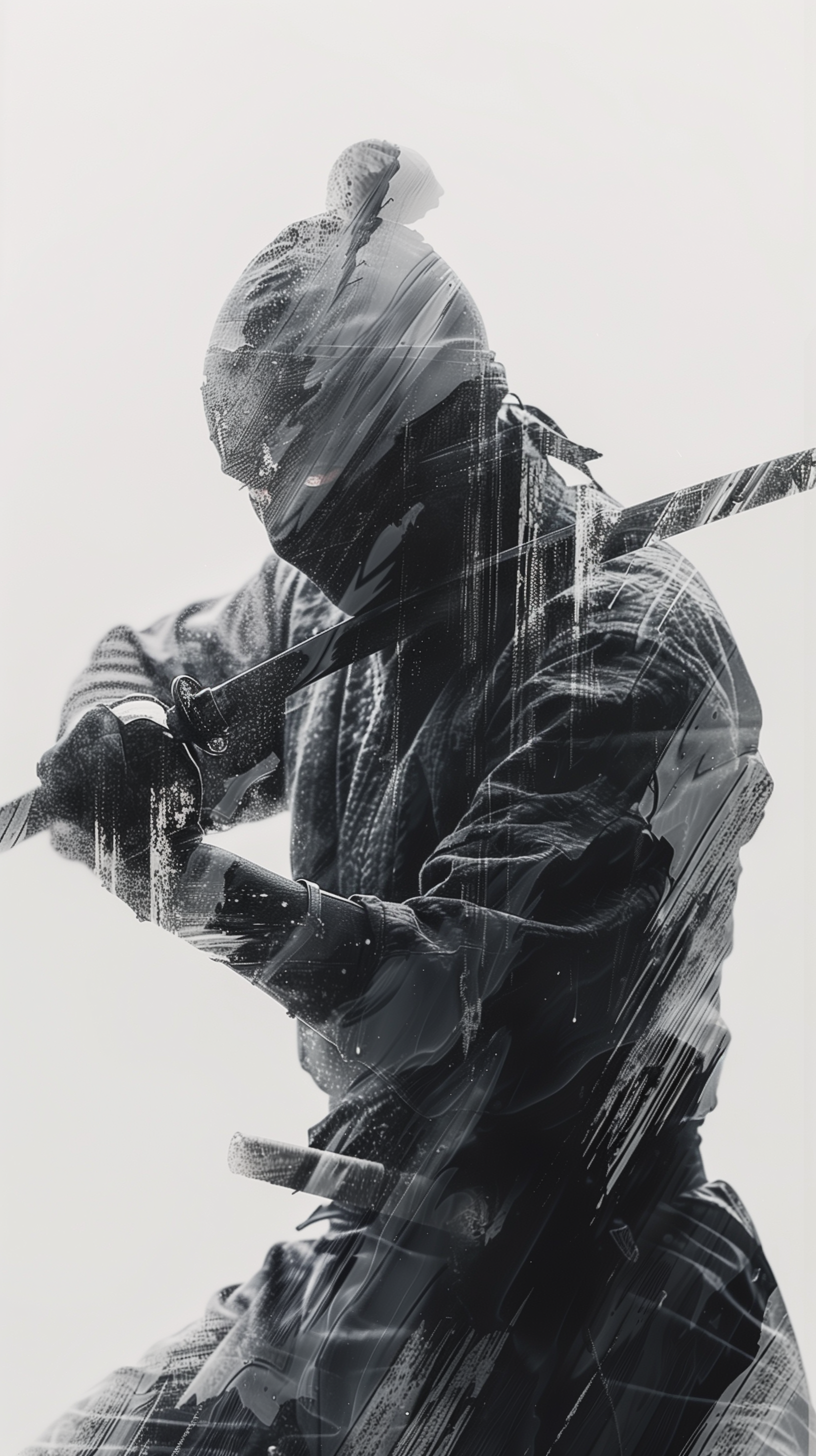 Monochrome ninja wallpaper featuring a stealthy ninja in dynamic combat pose, sword drawn, designed for phone screens.