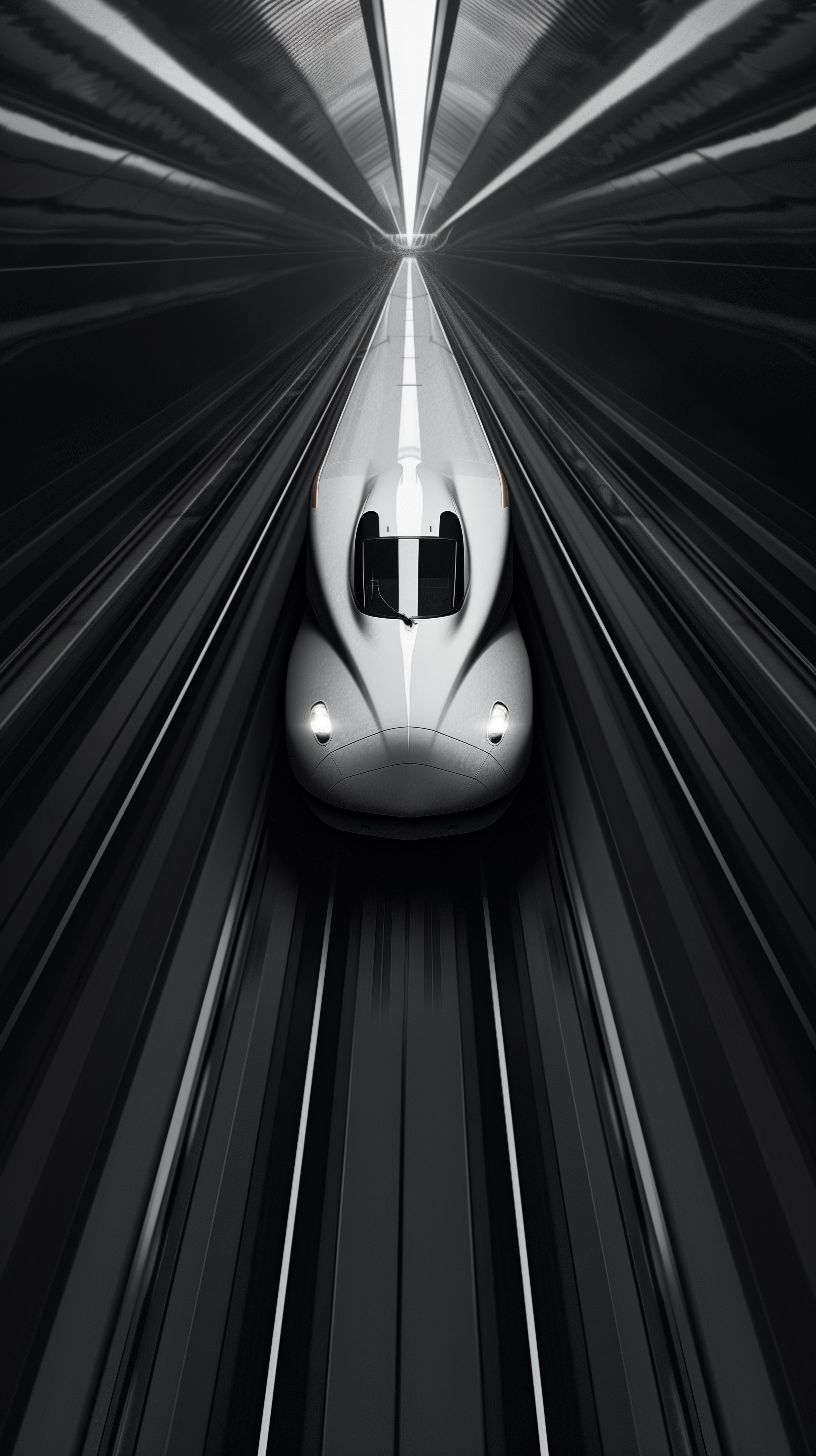 High-speed bullet train rushing forward on tracks, rendered in a dynamic black and white design, suitable as a phone wallpaper.