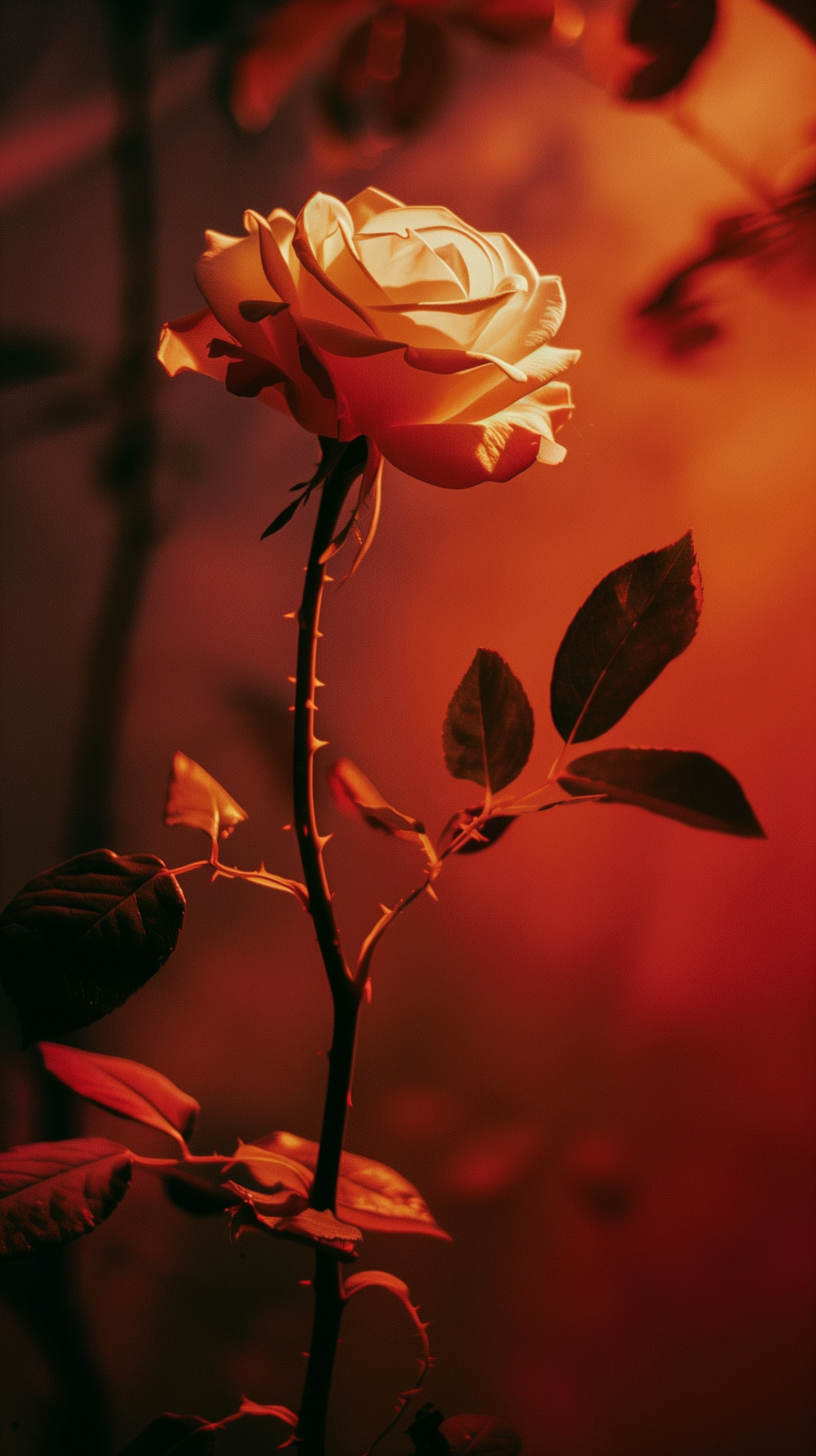 A vertical phone wallpaper featuring a singular white rose with thorns, set against a moody red backdrop.