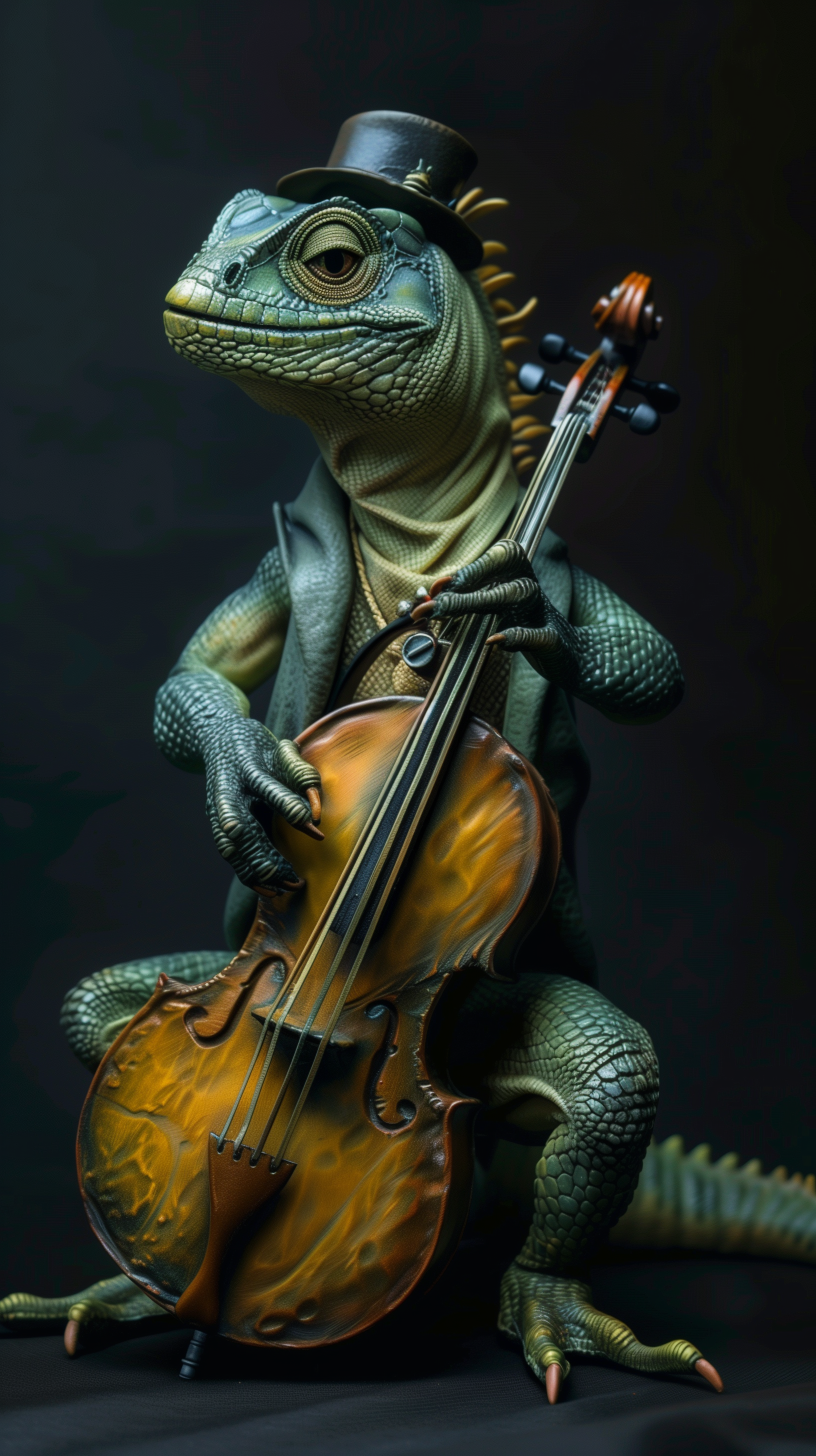 A stylish iguana in a jazz hat plays a cello, embodying a unique blend of musicality and charm. This vibrant illustration serves as a captivating phone wallpaper.
