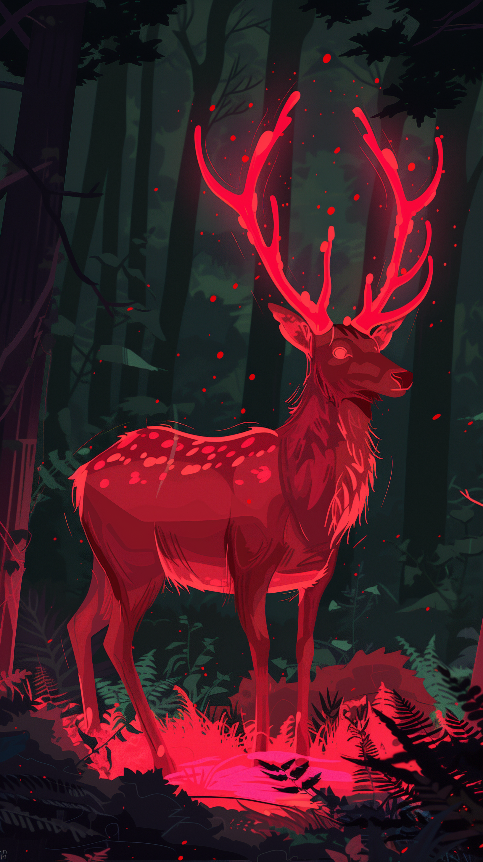 A crimson deer with glowing bioluminescent antlers stands amidst dark forest foliage, hinting at a radioactive biohazard theme, creating a striking and eerie phone wallpaper.