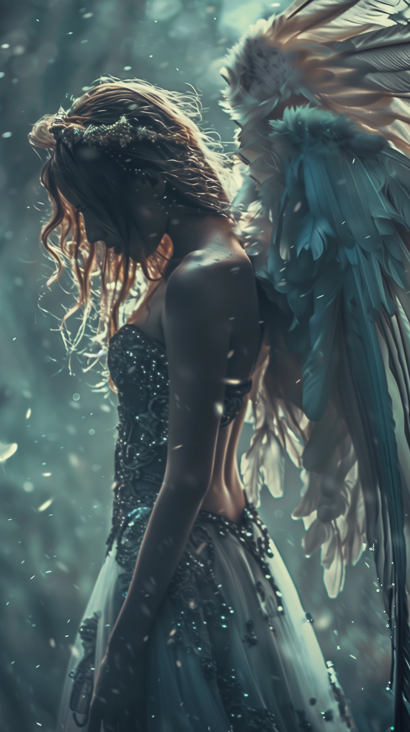Phone wallpaper featuring an angel with large, detailed wings, dressed in an ornate gown, set against a moody, sparkling backdrop.