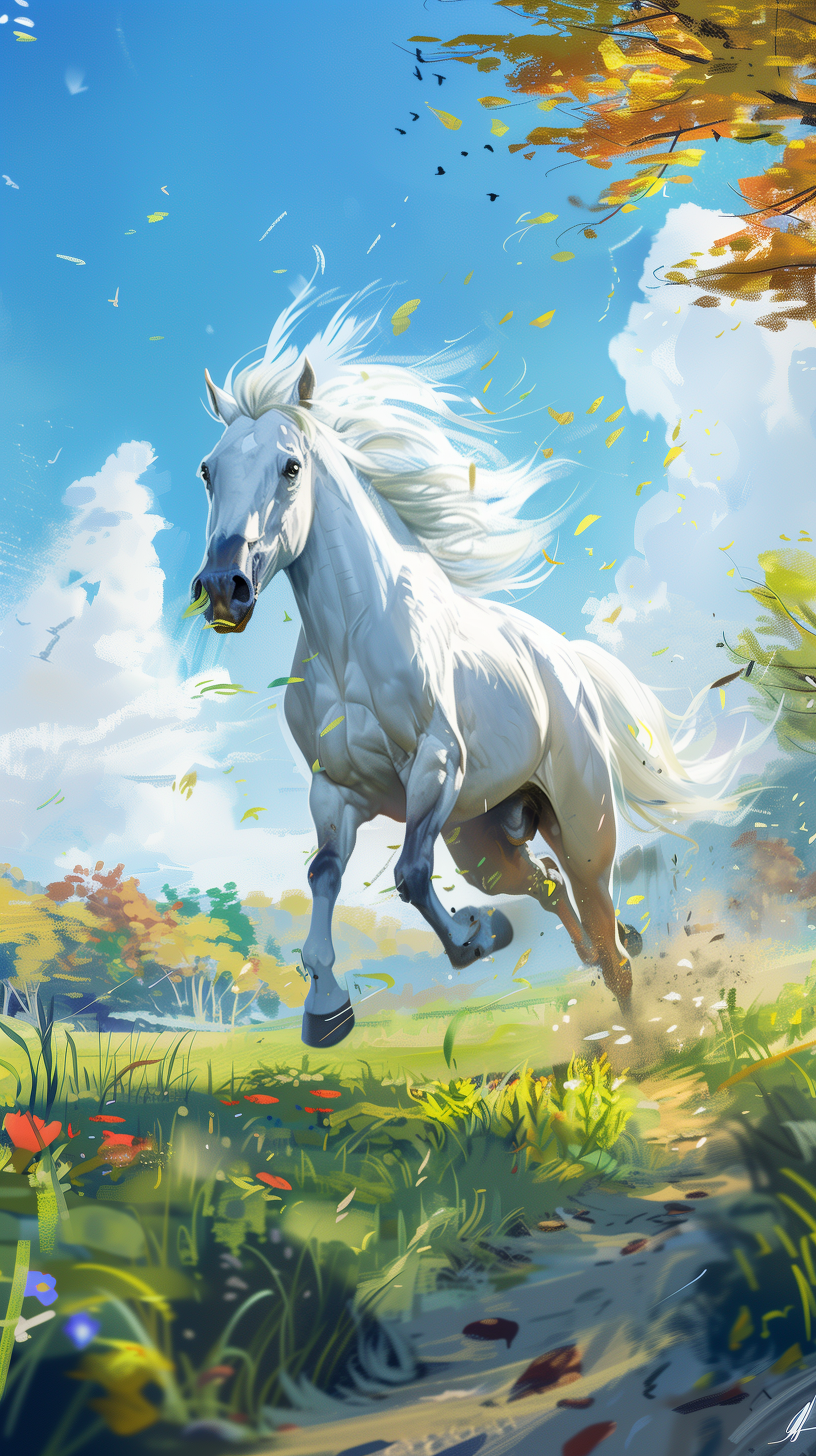 A majestic white stallion gallops through a vibrant meadow, surrounded by colorful flowers and gentle autumn leaves, capturing the essence of freedom and nature.