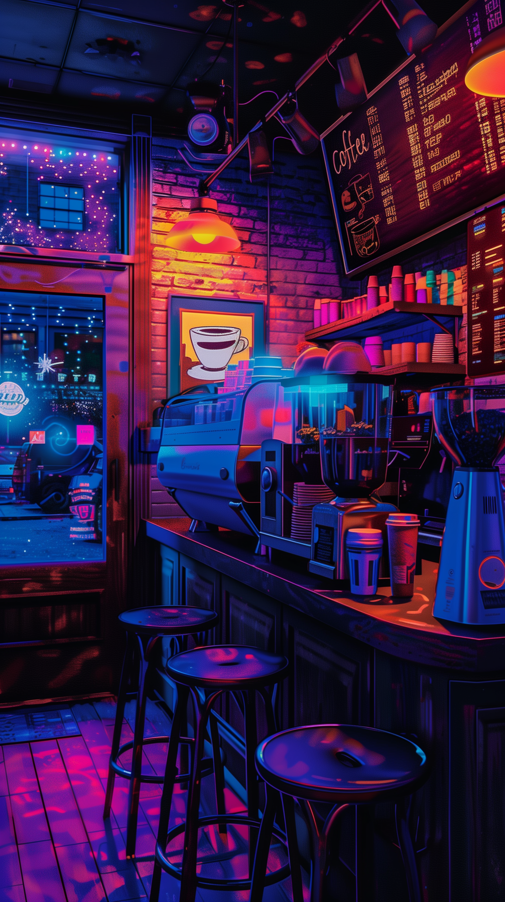 A vibrant coffee shop bar with stools, a glowing espresso machine, and a menu board, captured in neon hues for a stylish phone wallpaper compatible with iPhones and Android devices.