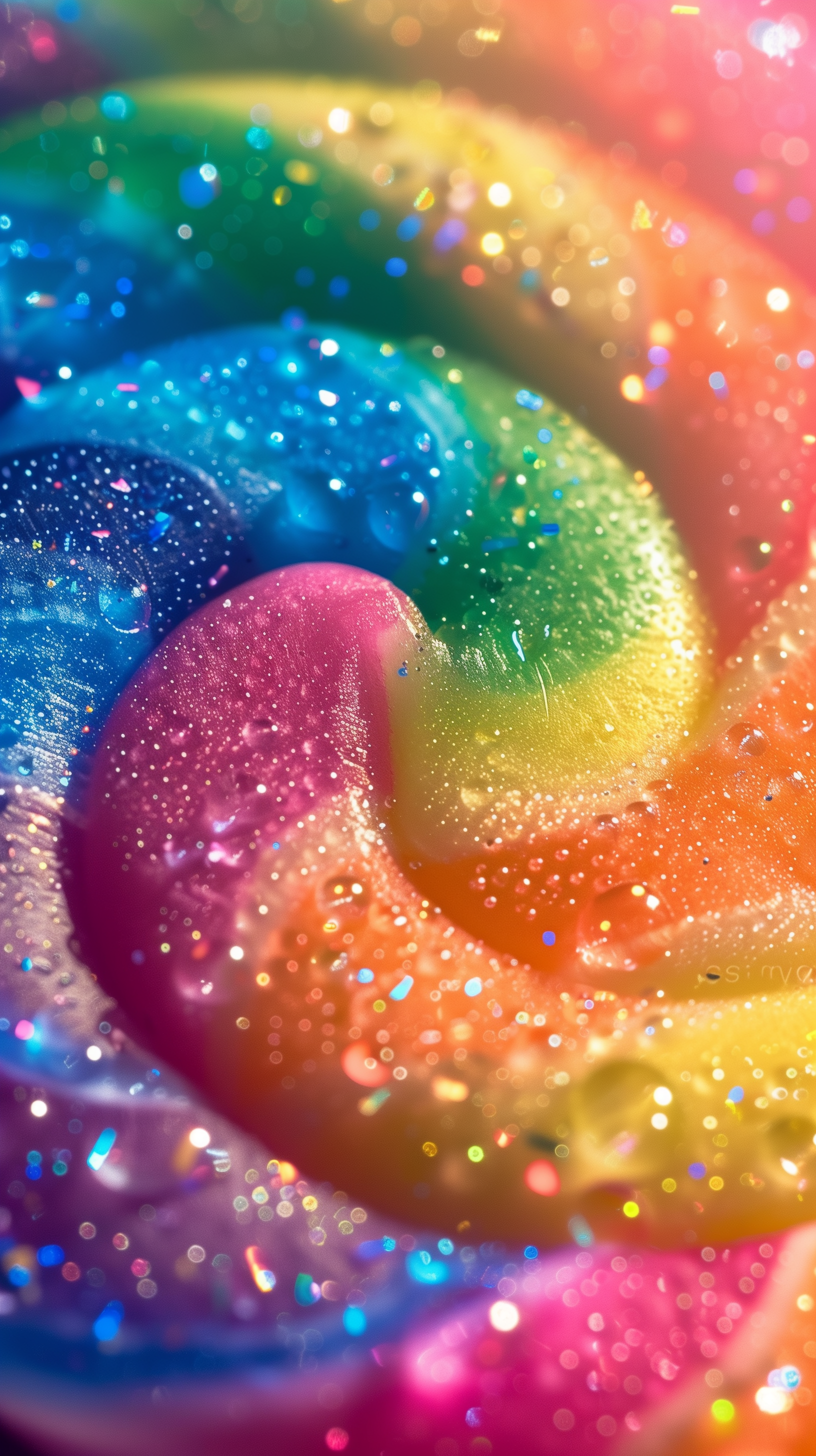 Phone wallpaper featuring a close-up of a sparkling rainbow-colored lollipop with vivid, swirling colors.