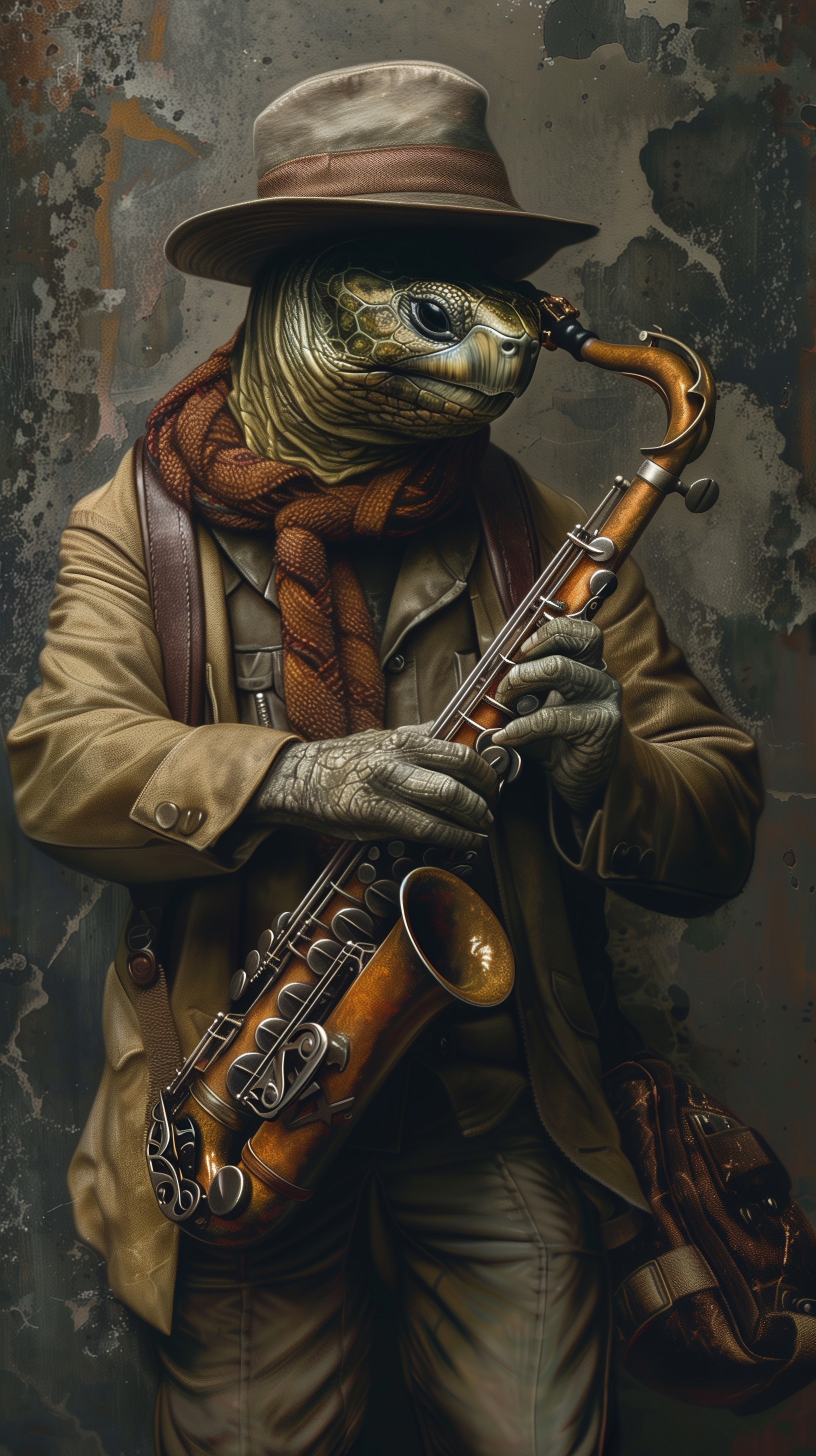 Phone wallpaper featuring a stylish tortoise playing a saxophone, dressed in a hat and a scarf, set against a grunge background.