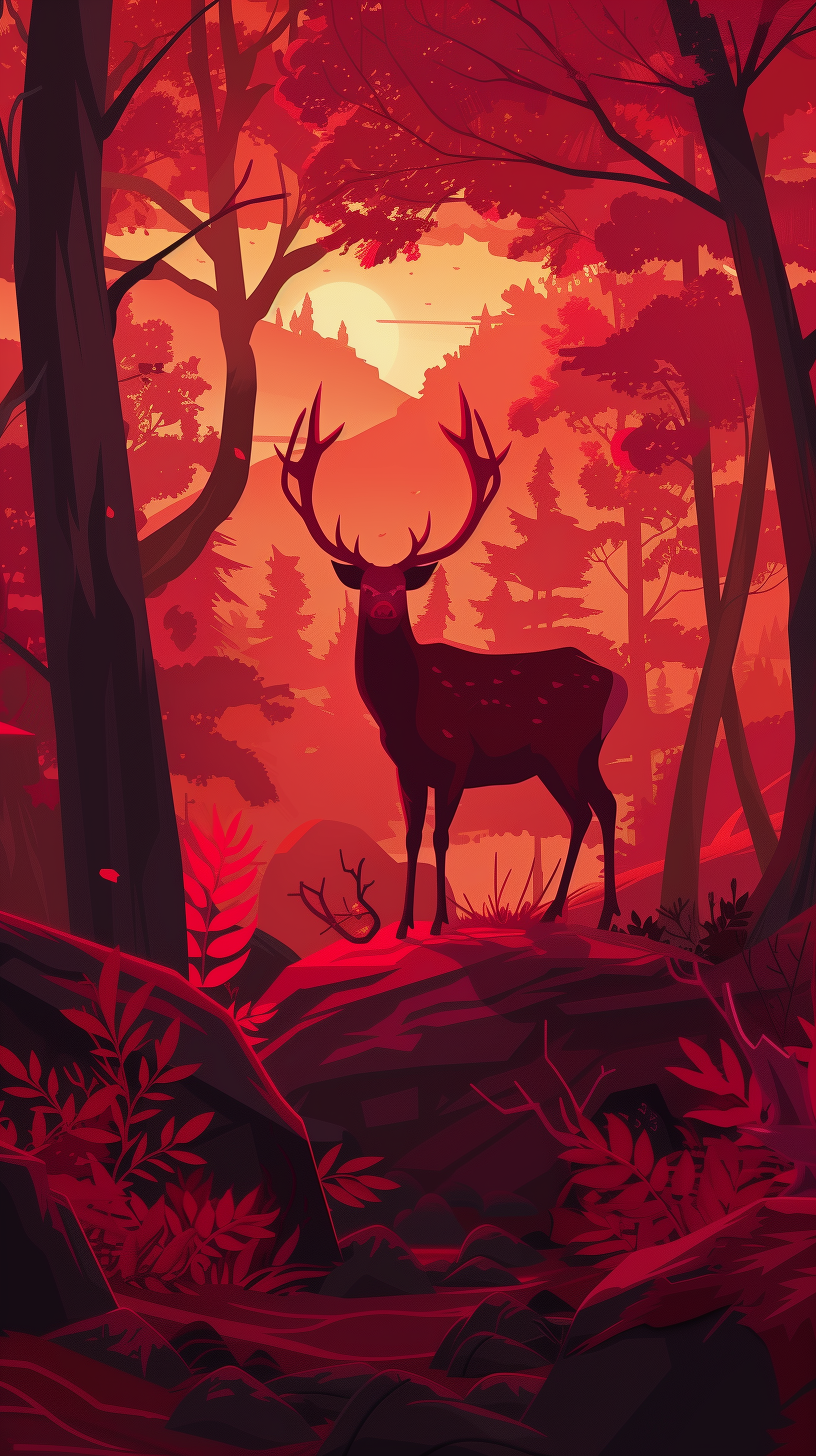 A striking phone wallpaper featuring a majestic deer standing in a crimson-hued forest with radiant sunlight filtering through the trees.