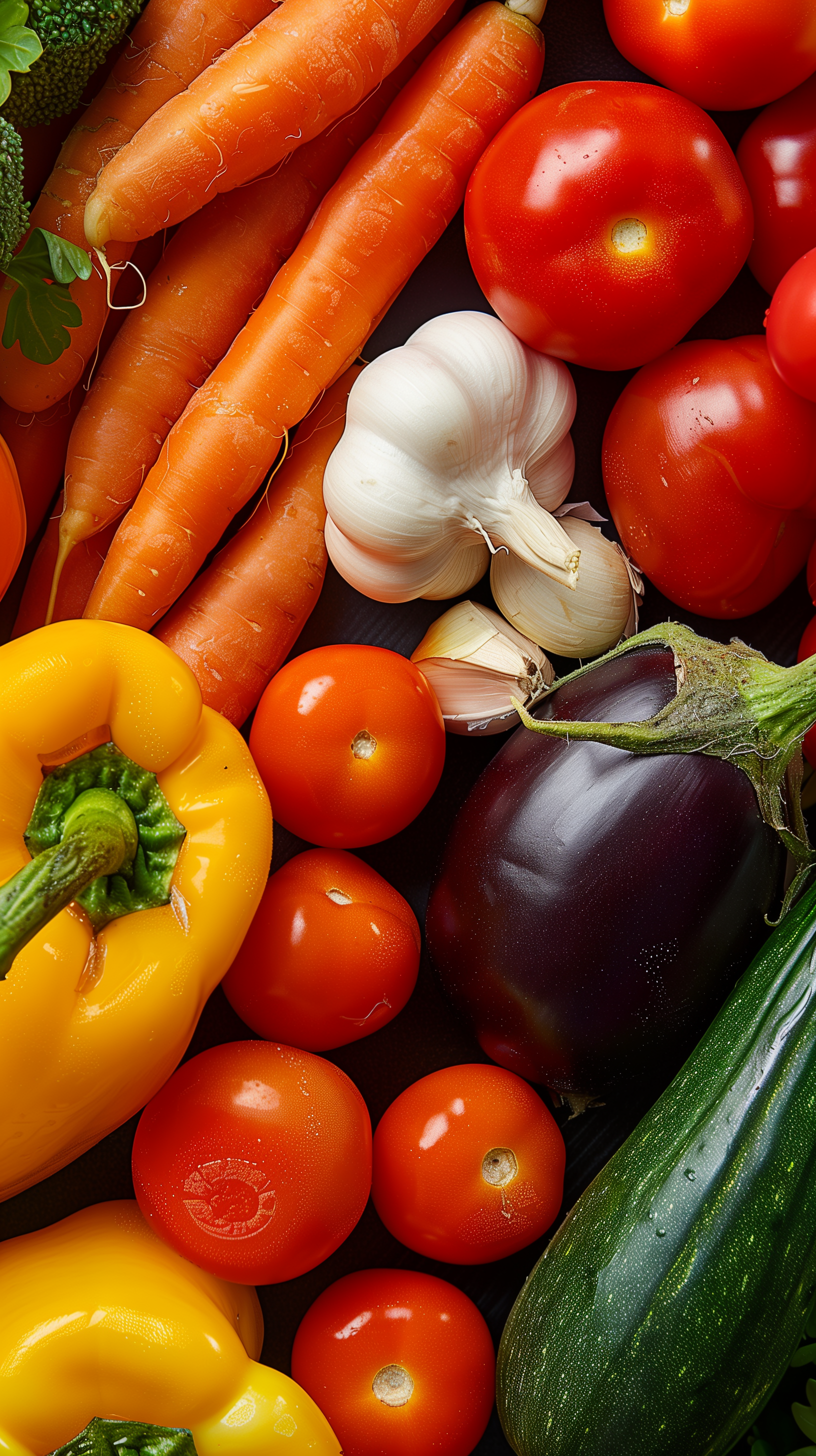 Phone wallpaper featuring a vibrant display of fresh vegetables, including tomatoes, bell peppers, carrots, eggplant, and garlic.
