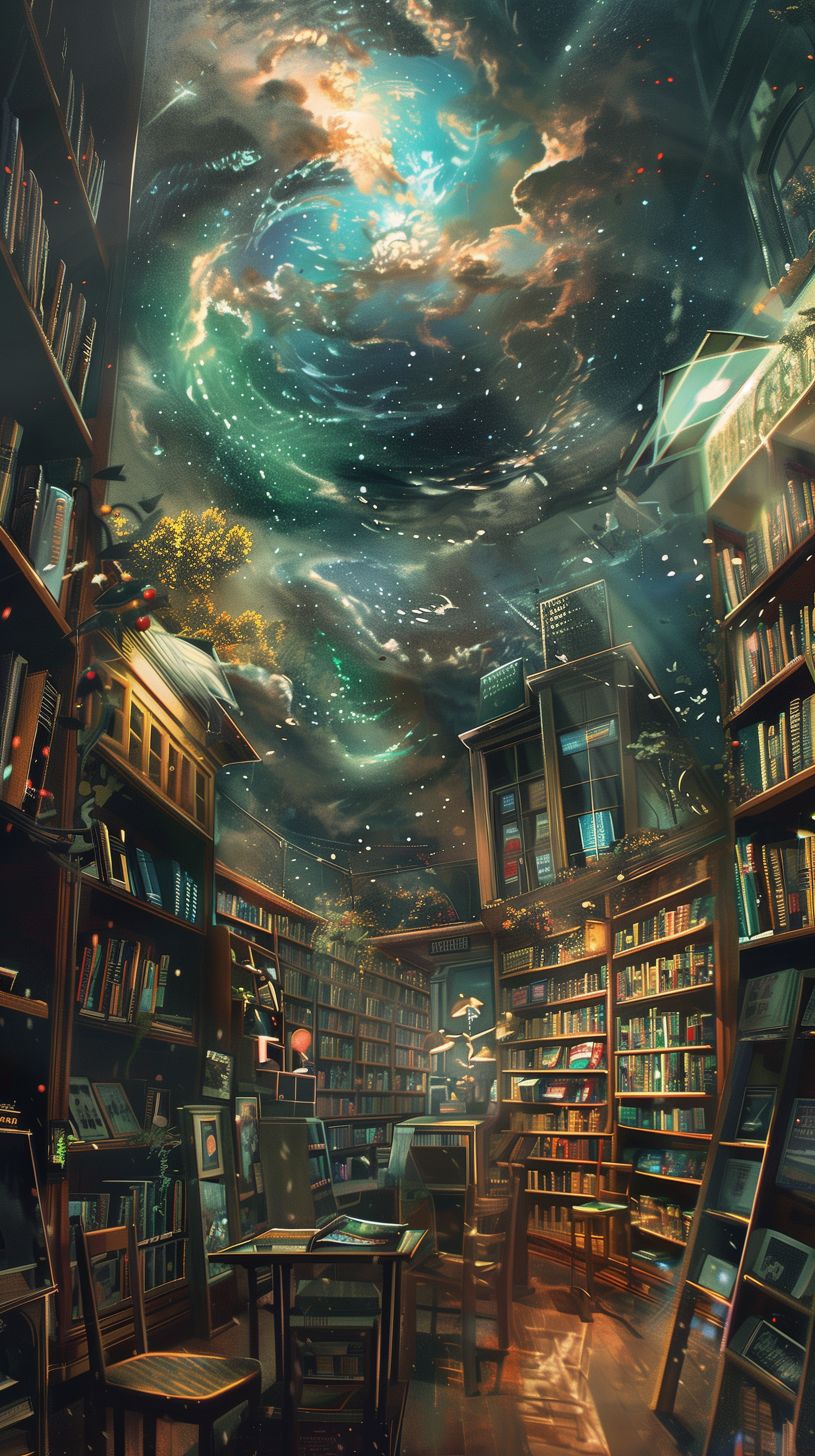 Phone wallpaper featuring a mystical library with towering bookshelves under a vibrant cosmic sky.