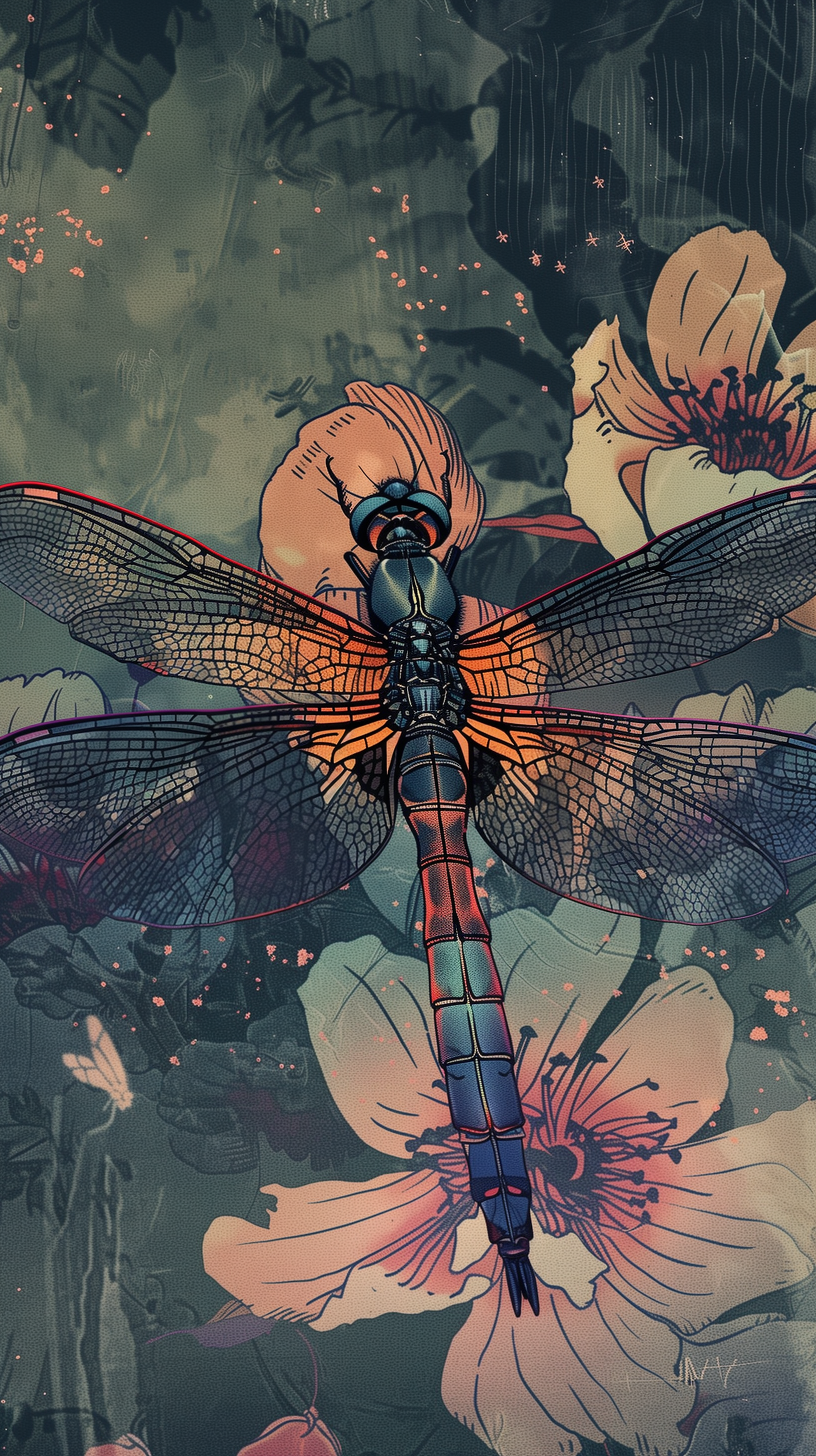 Artistic phone wallpaper featuring a detailed illustration of a dragonfly perched on blooming flowers with a muted, textured background.