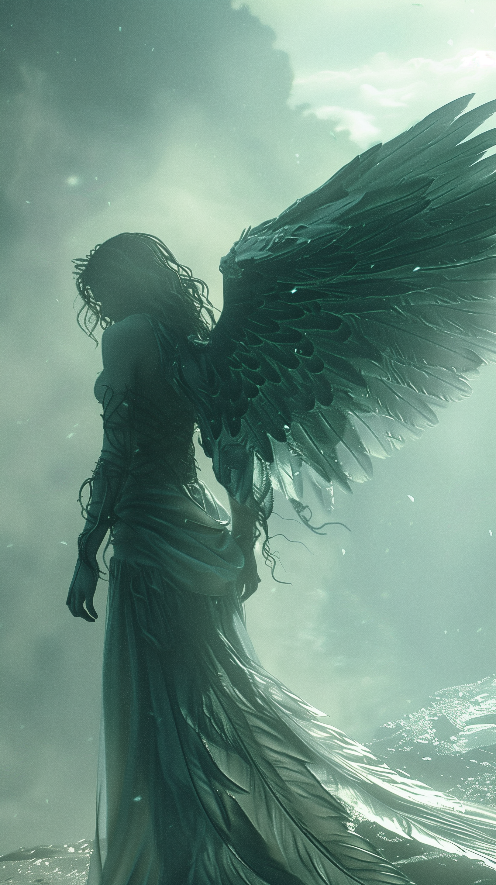 Phone wallpaper featuring a celestial angel with large, detailed wings standing amidst clouds, embodying a serene and inspirational mood.