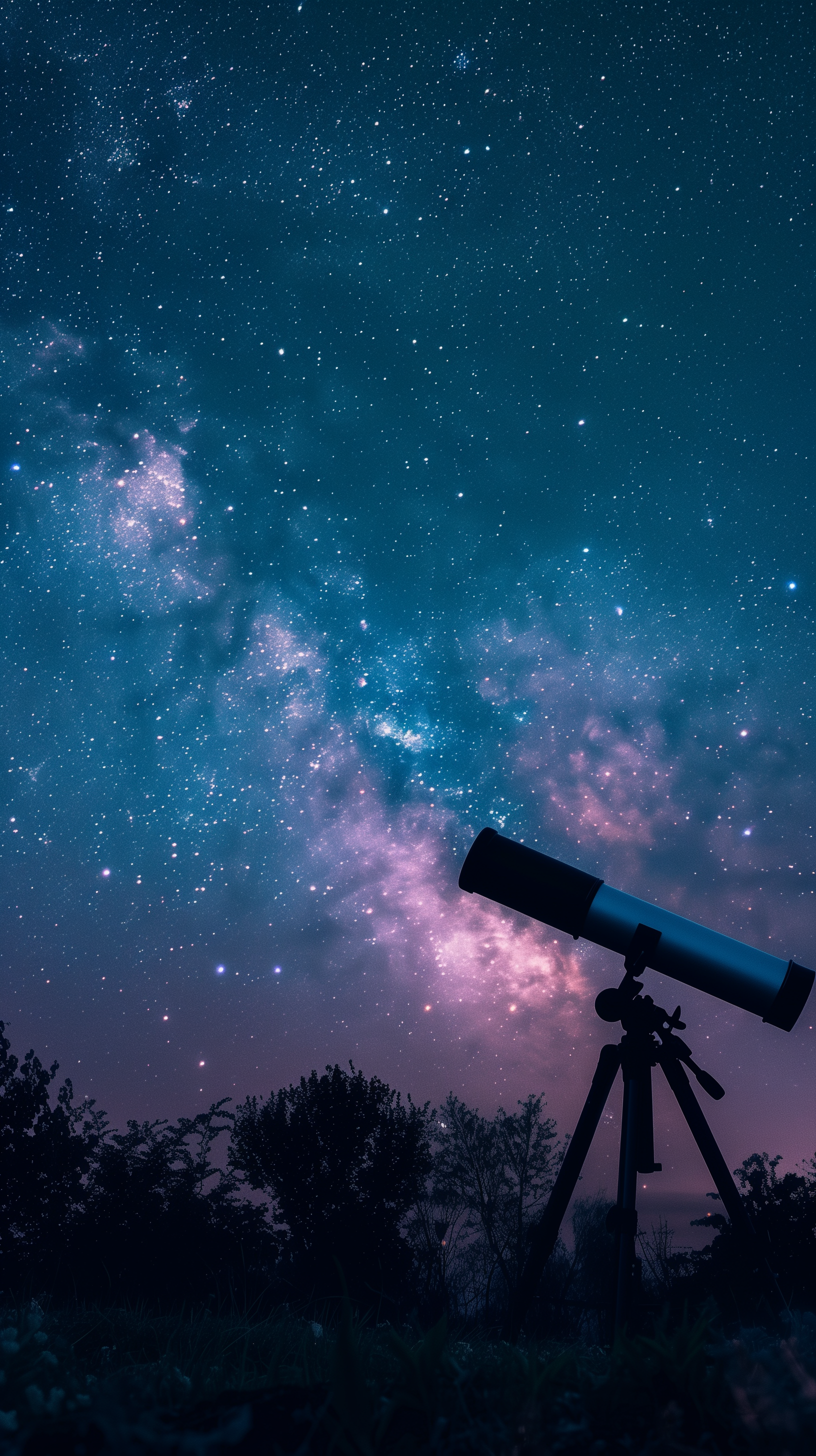 A phone wallpaper featuring a telescope set against a vibrant star-studded sky with a visible galaxy and nebula in a rich hue of blues and pinks.