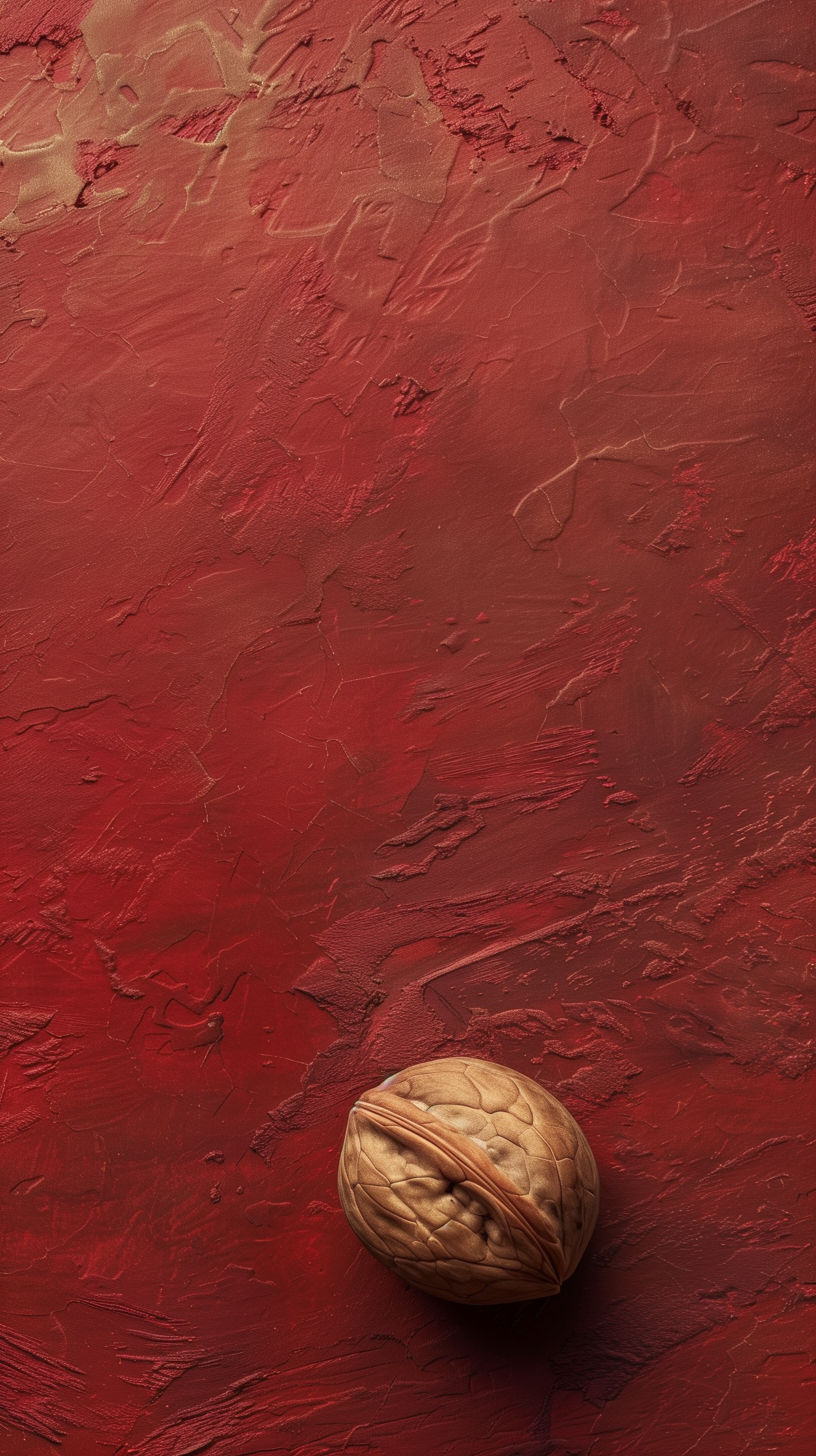 A phone wallpaper featuring a solitary walnut on a textured red background.