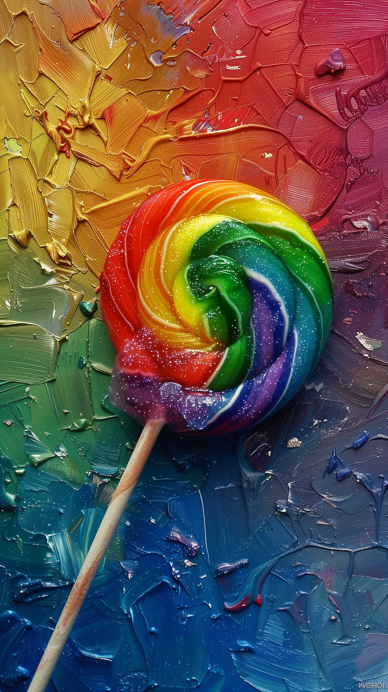 A vibrant phone wallpaper featuring a colorful rainbow lollipop on a textured, multi-colored background.