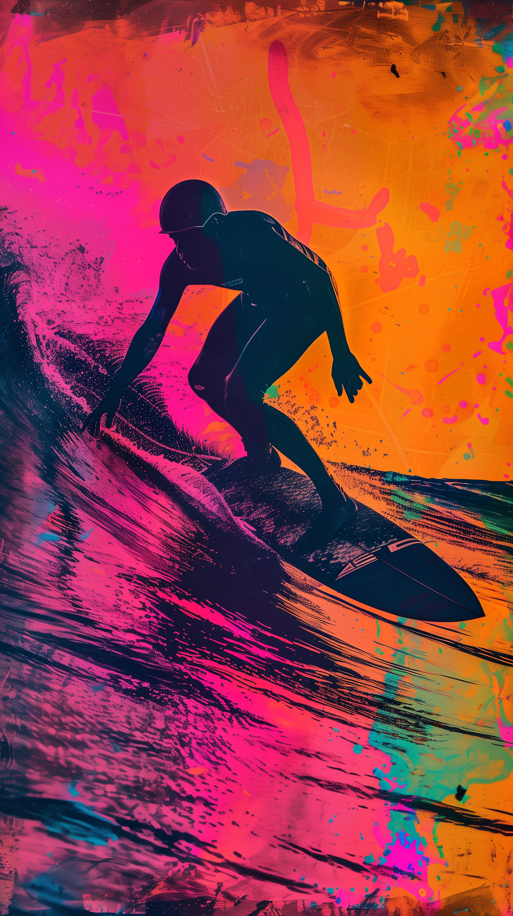 A vibrant phone wallpaper featuring a surfer on a surfboard riding a stylized wave, set against a vivid pink and orange background.