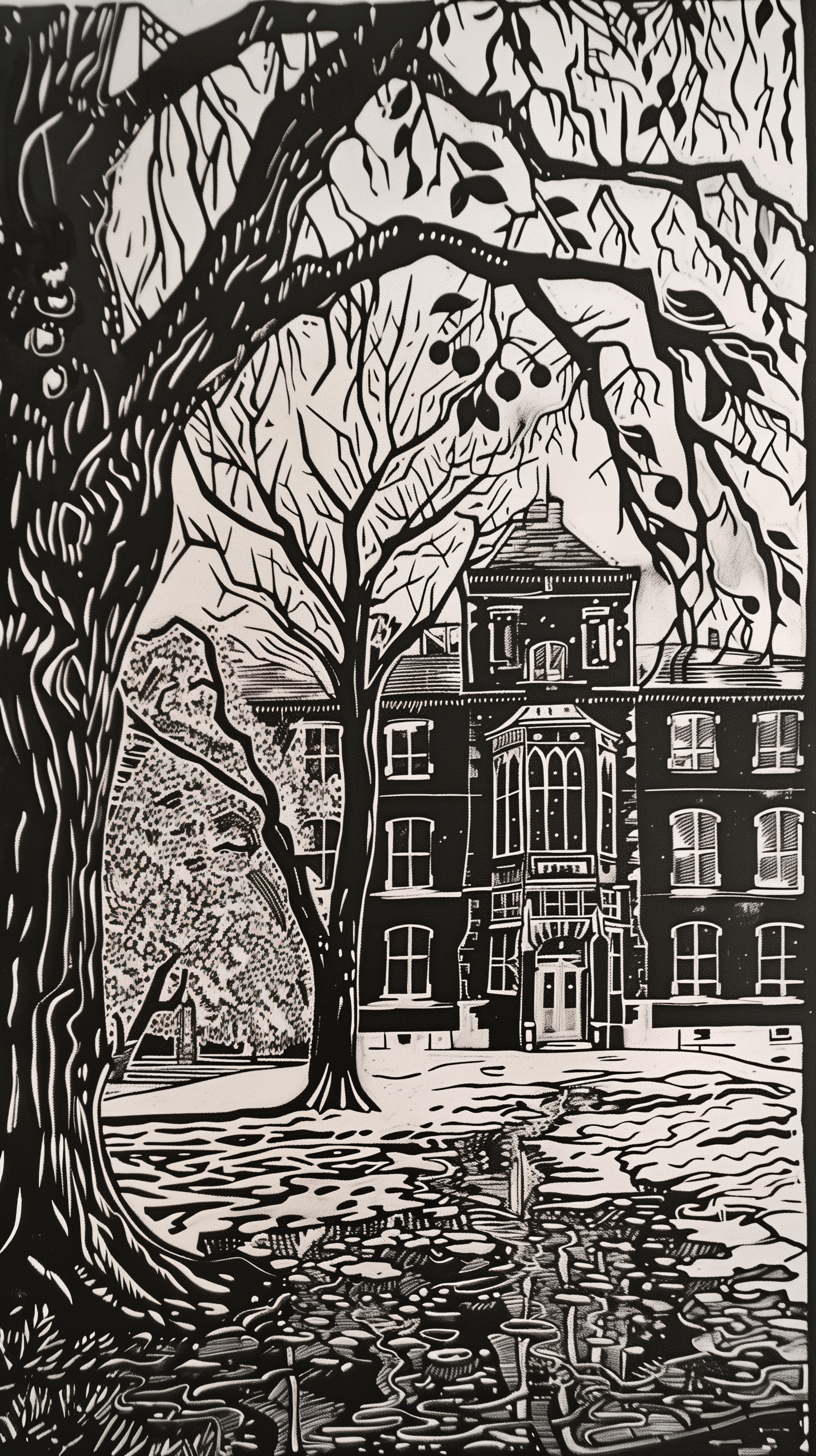 Black and white artistic wallpaper depicting a detailed sketch of a grand museum building viewed through the branches of leafless trees, suited for phones.