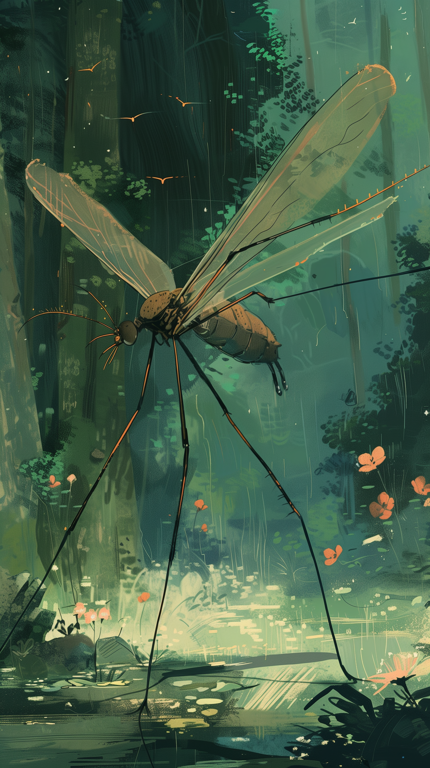 Artistic phone wallpaper featuring a giant mosquito in a mystical forest setting.