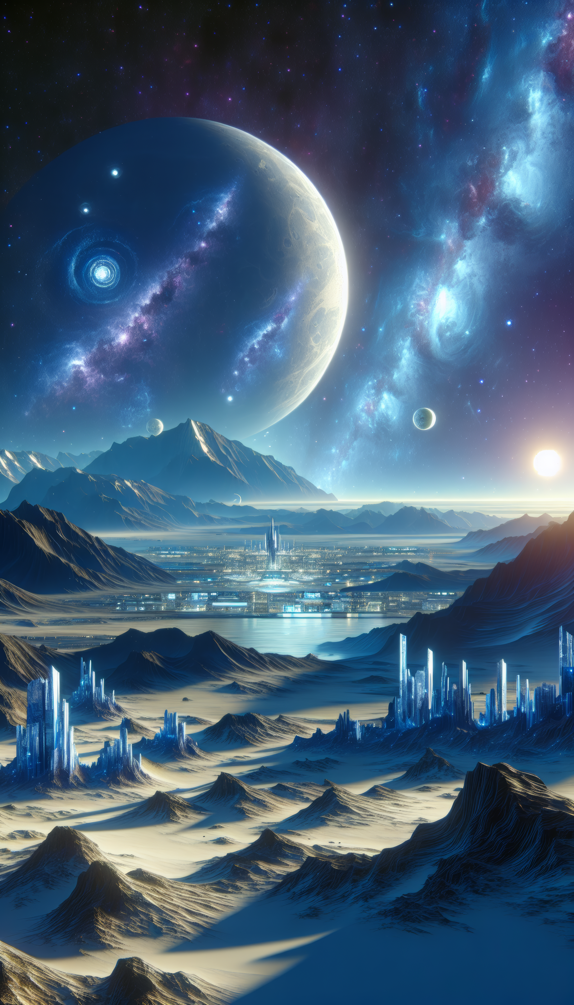 Phone wallpaper featuring a sci-fi landscape with a futuristic city on a desert planet, overlooked by a large moon and distant galaxies.
