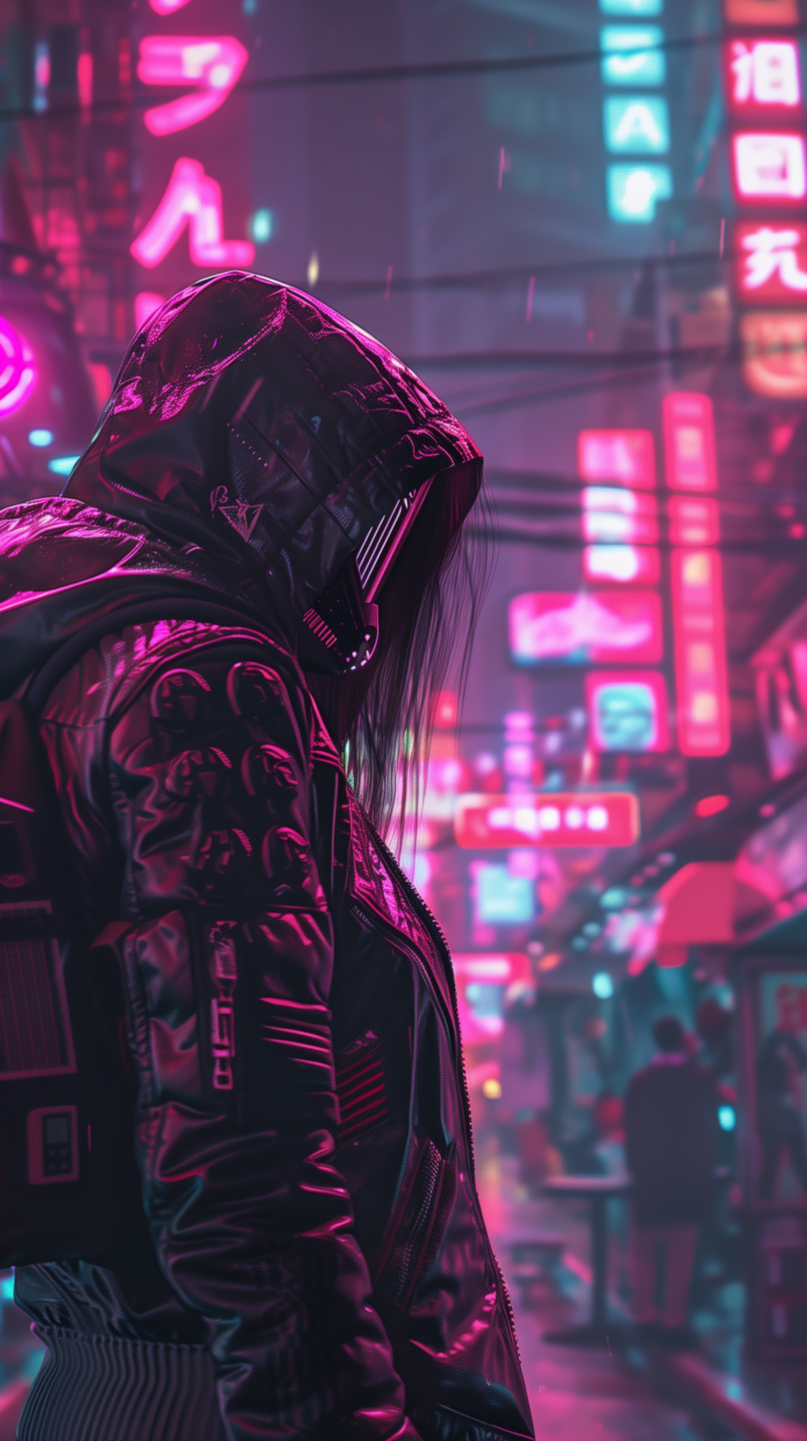 A stylish phone wallpaper featuring a cyberpunk theme with a mysterious figure in a futuristic city lit by vibrant neon signs.