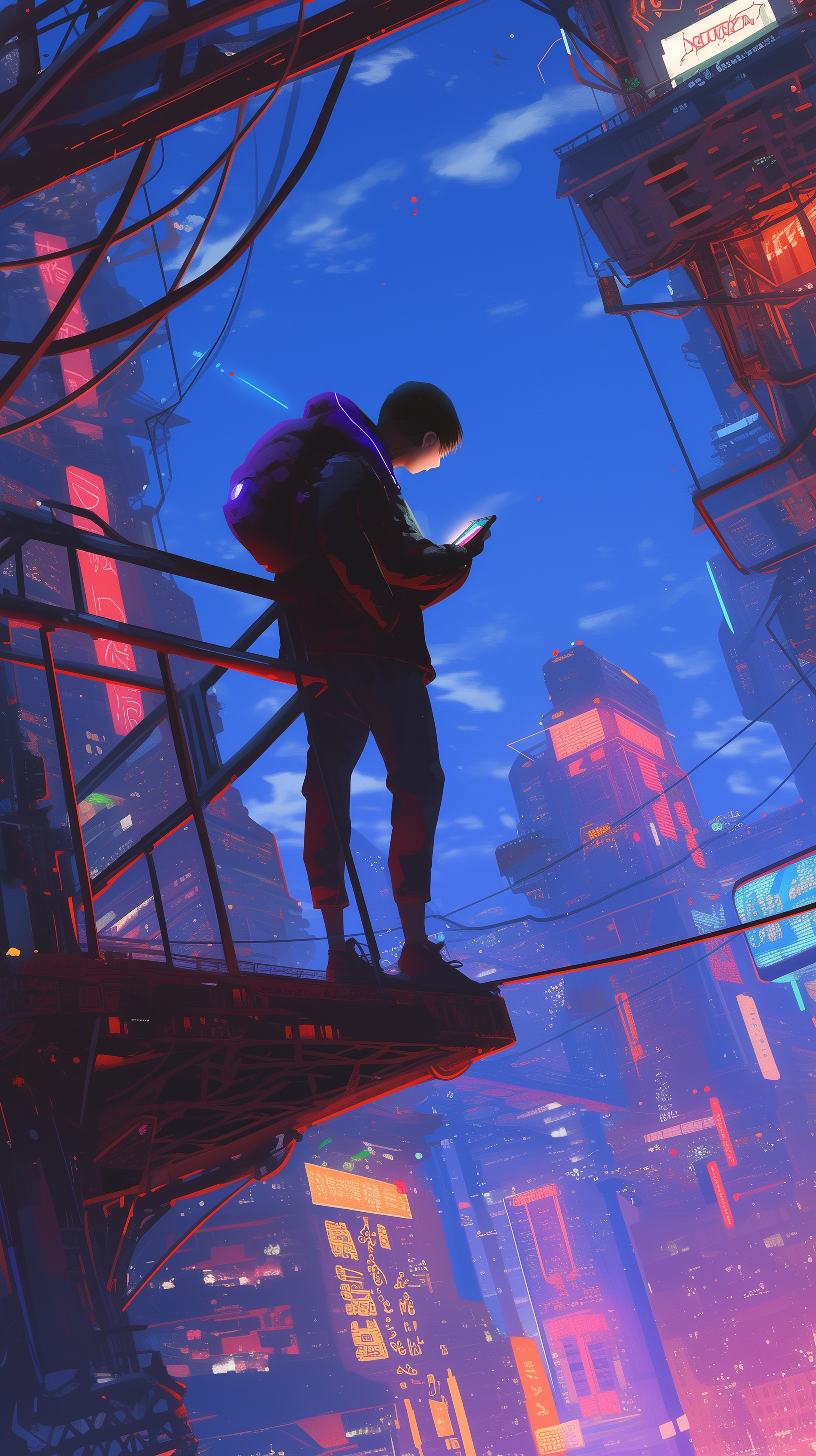 Sci-fi cyberpunk themed phone wallpaper depicting a person on a high platform overlooking a neon-lit cityscape at night.