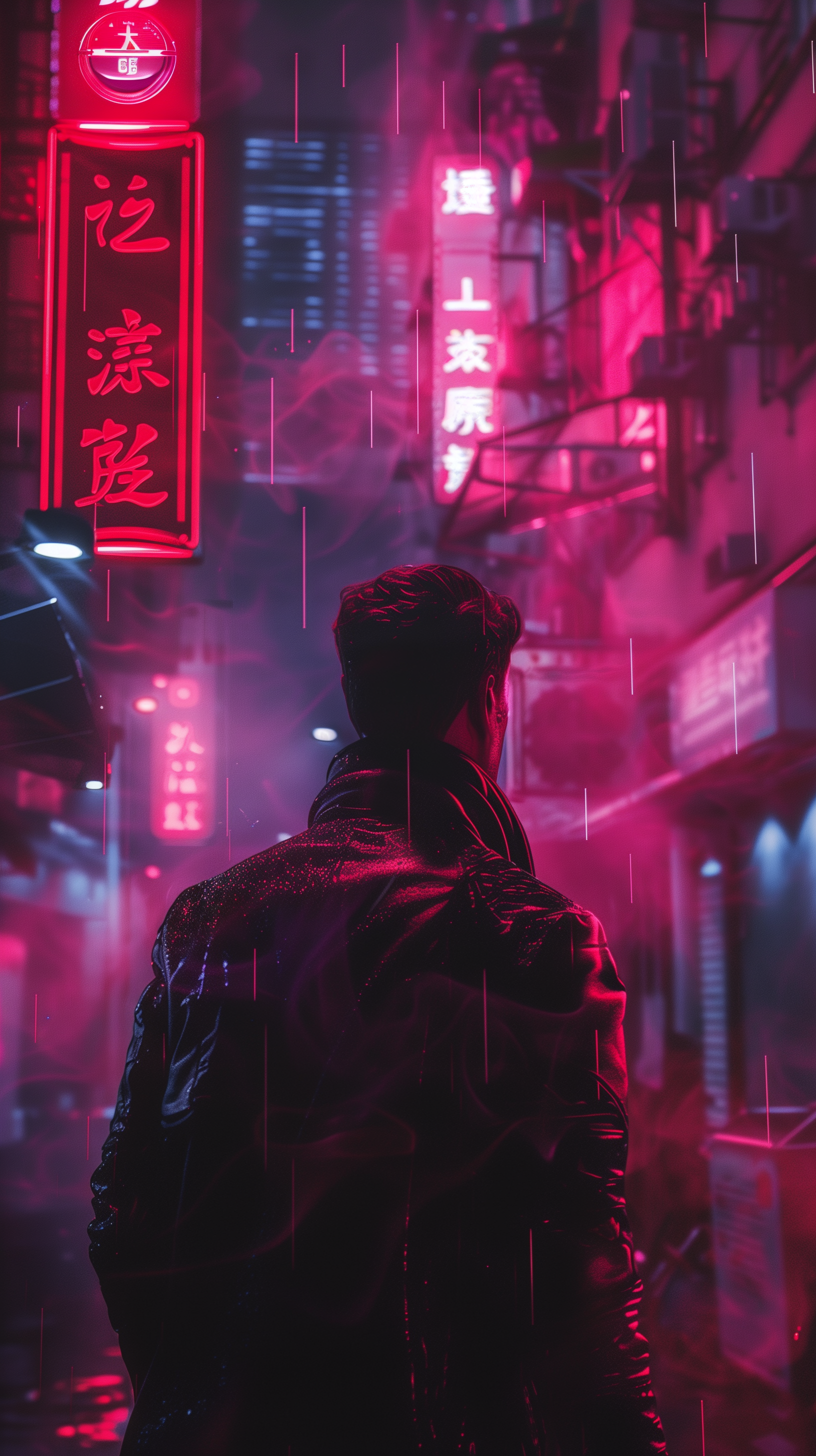A man stands in a neon-lit rainy alley, surrounded by cyberpunk-style signage, in a phone wallpaper image.