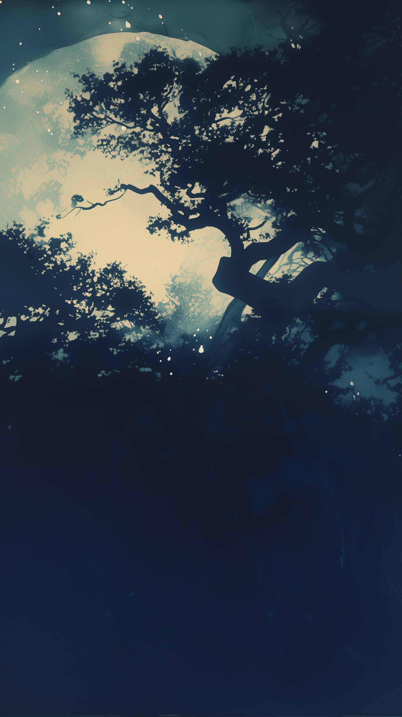 Phone wallpaper featuring a silhouetted tree against a luminous full moon in a night sky.