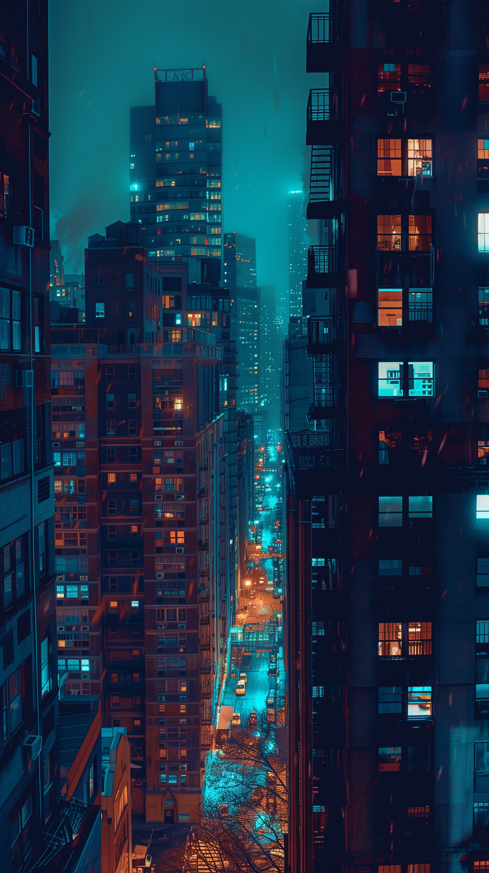 A vertical phone wallpaper depicting a vibrant night view of a densely populated city with glowing streets and illuminated high-rise buildings.