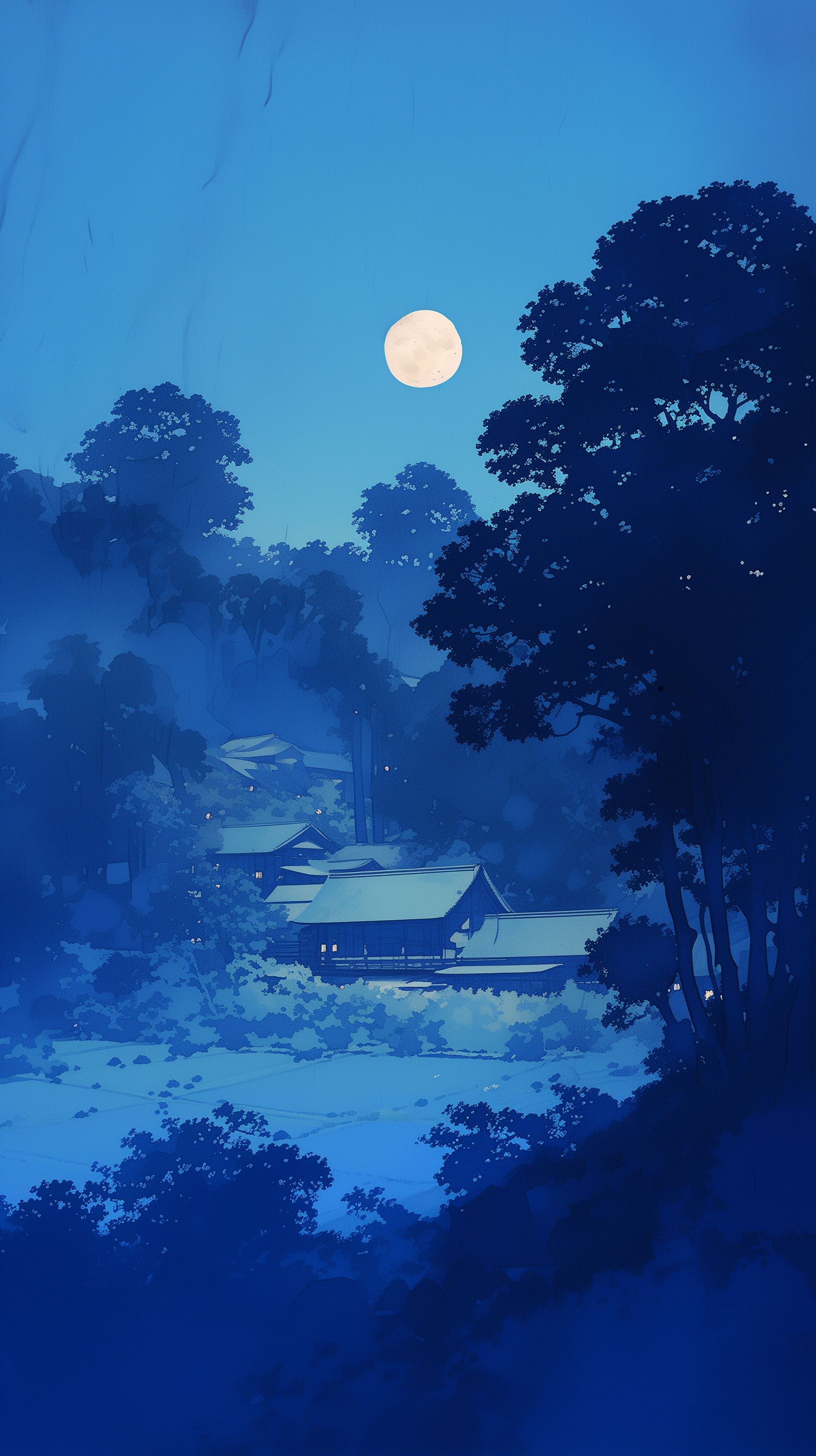 Moonlit night view of a village nestled among trees, designed as a tranquil blue-toned phone wallpaper.