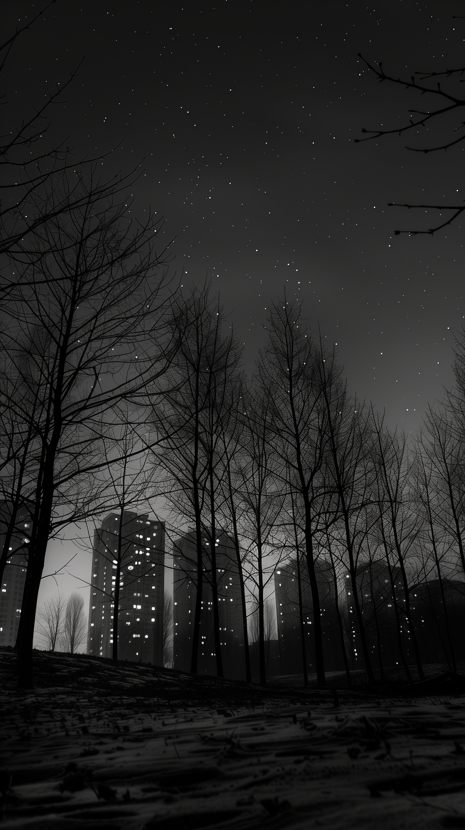 Phone wallpaper featuring a monochrome cityscape at night with tall buildings silhouetted against a starry sky, framed by bare trees.